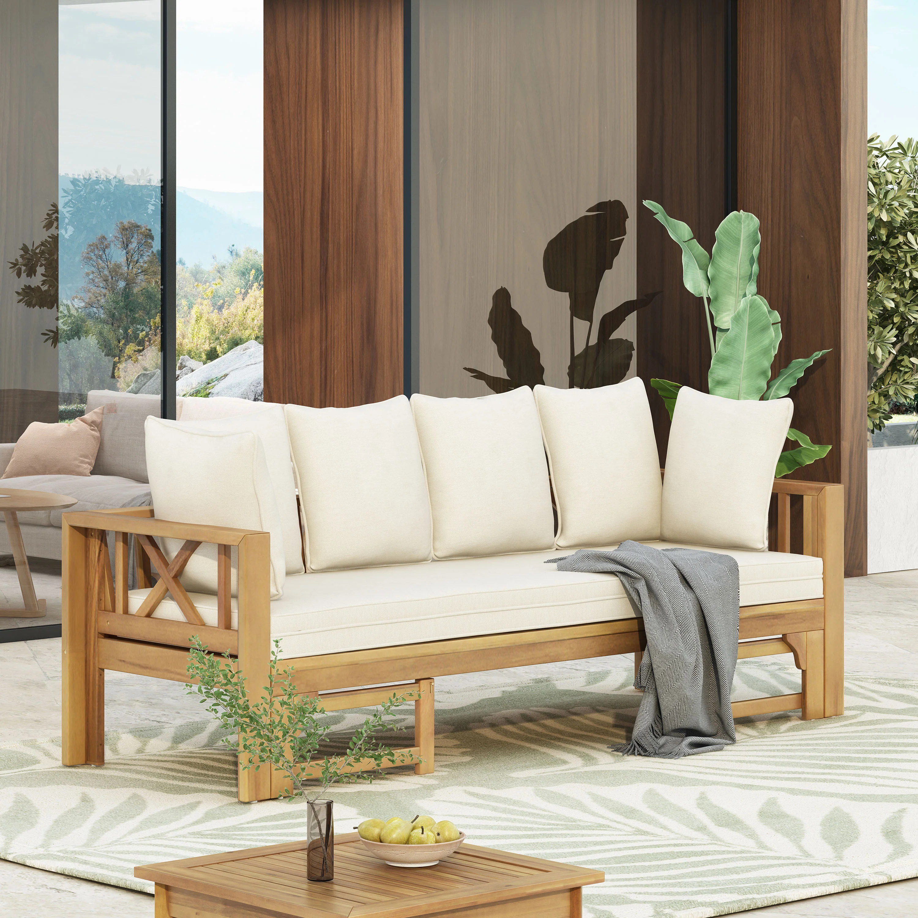 Walker Edison | Acacia Wood Outdoor Extendable Sofa into Daybed - Image 3