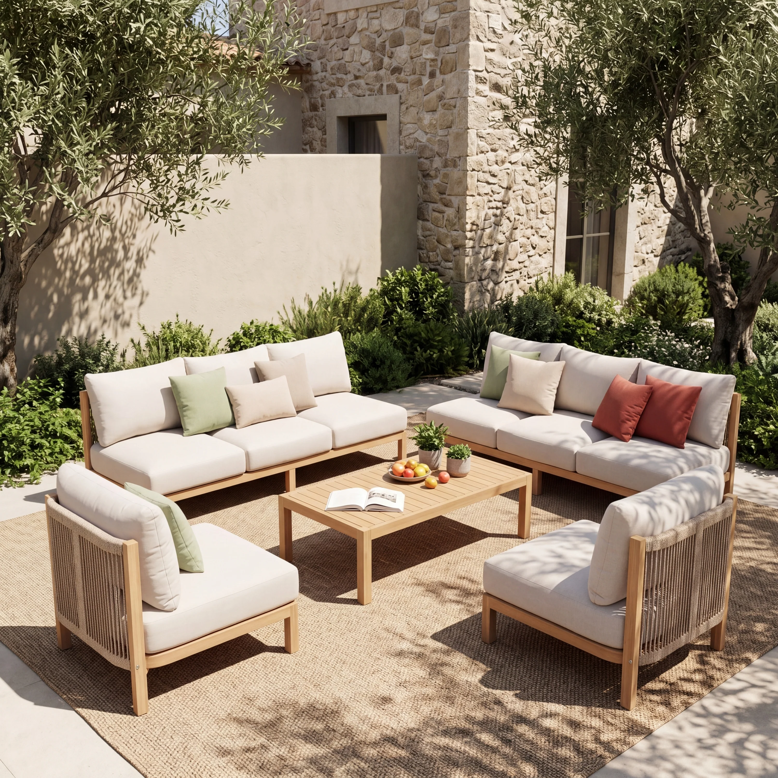 Acacia Wood Rope Woven 5-Piece Outdoor Sofa Accent Chair Set for 8