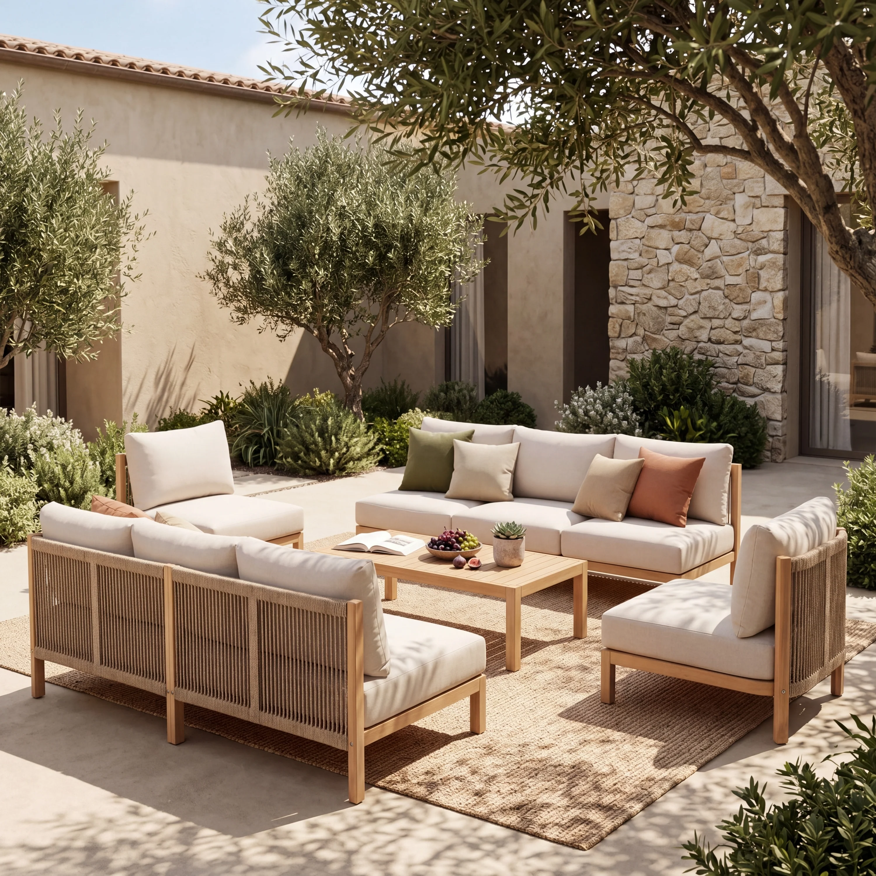 Acacia Wood Rope Woven 5-Piece Outdoor Sofa Accent Chair Set for 8 - Image 2