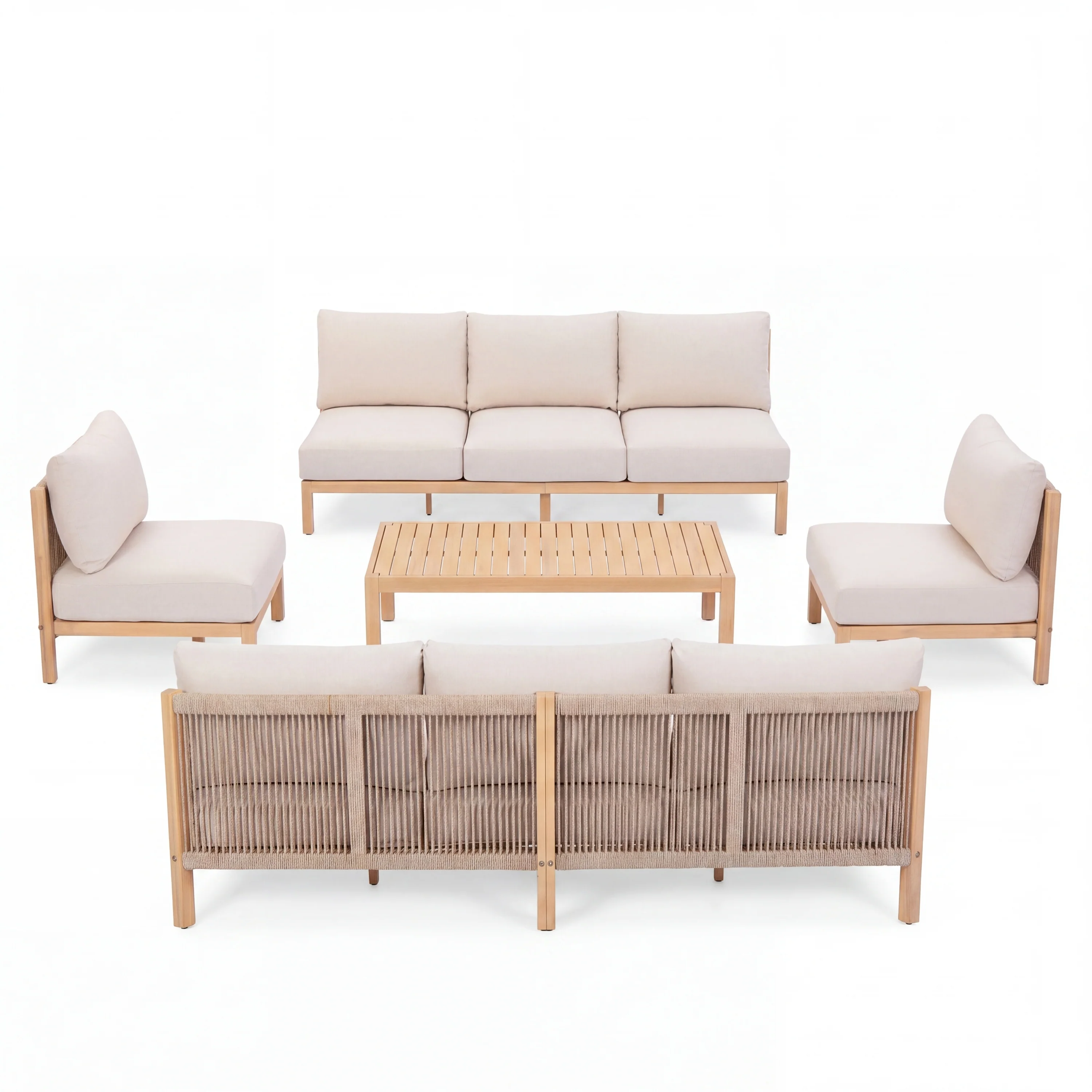 Acacia Wood Rope Woven 5-Piece Outdoor Sofa Accent Chair Set for 8 - Image 6