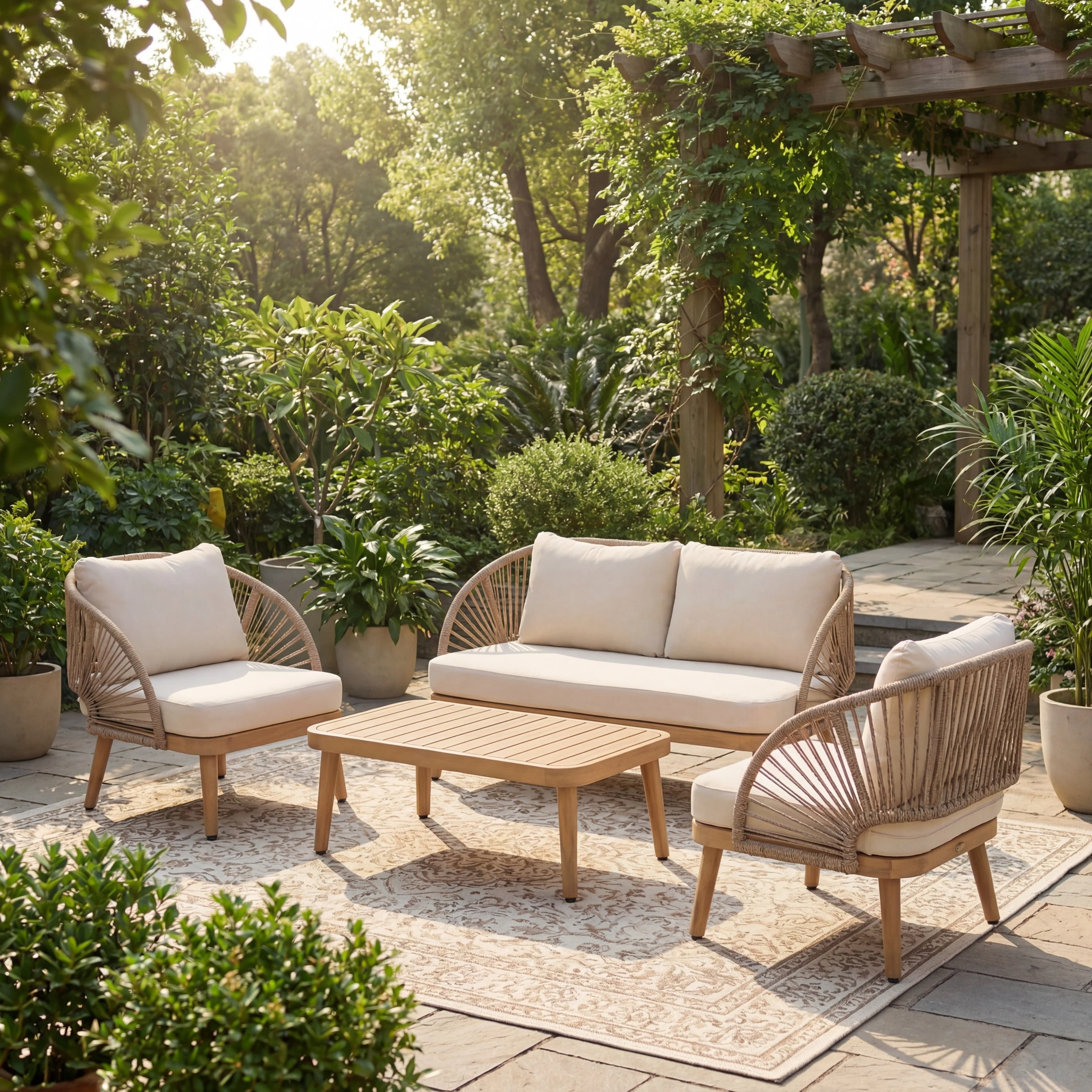 Curved Rope Design 4-Piece Acacia Wood Outdoor Patio Seating Set with Coffee Table