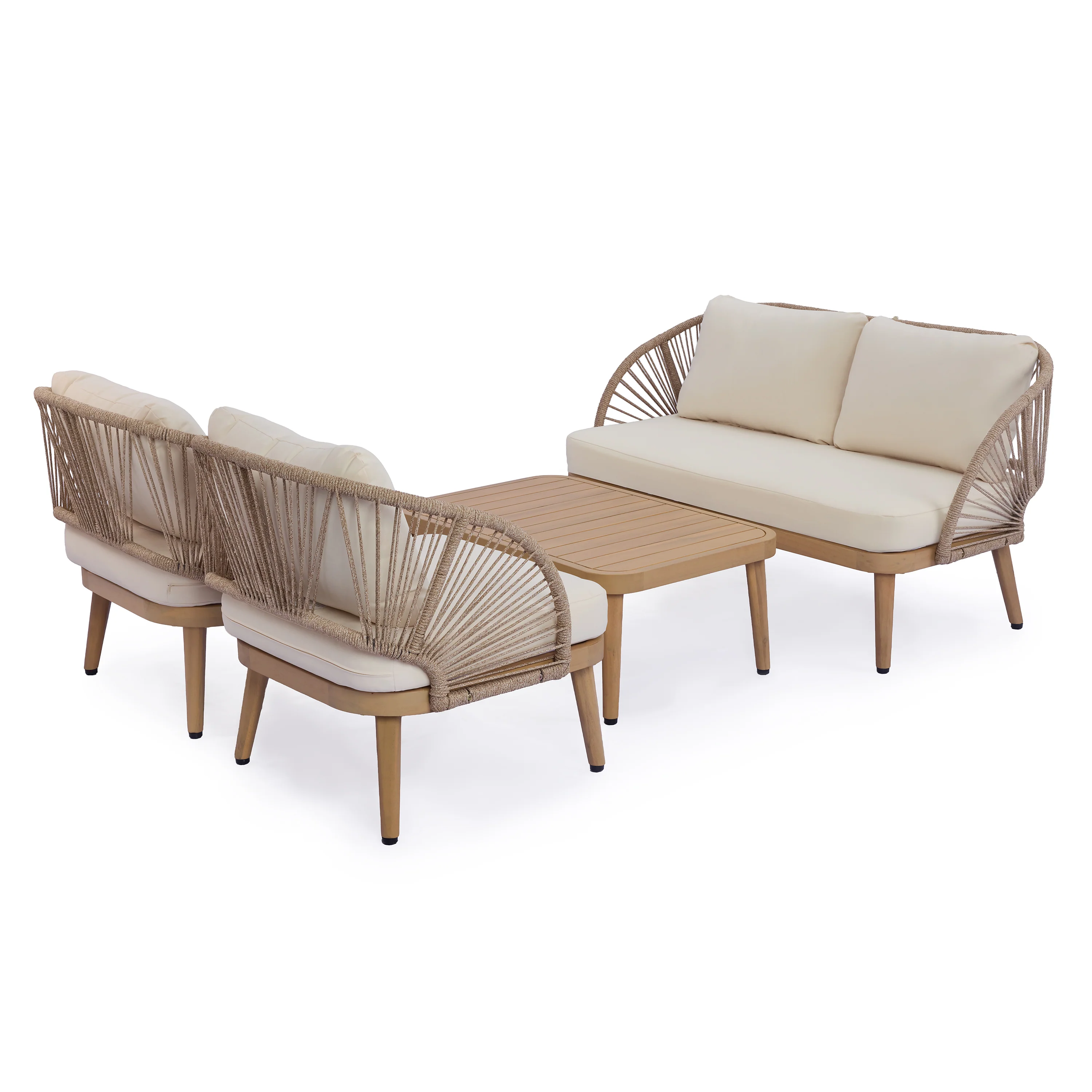 Curved Rope Design 4-Piece Acacia Wood Outdoor Patio Seating Set with Coffee Table - Image 3