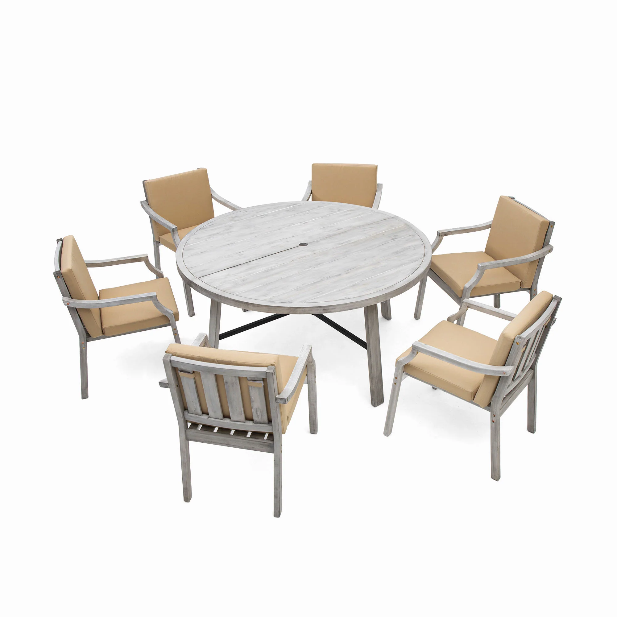 Antique Gray Acacia Wood Outdoor Dining Set 6-Person with Cushions - Image 10