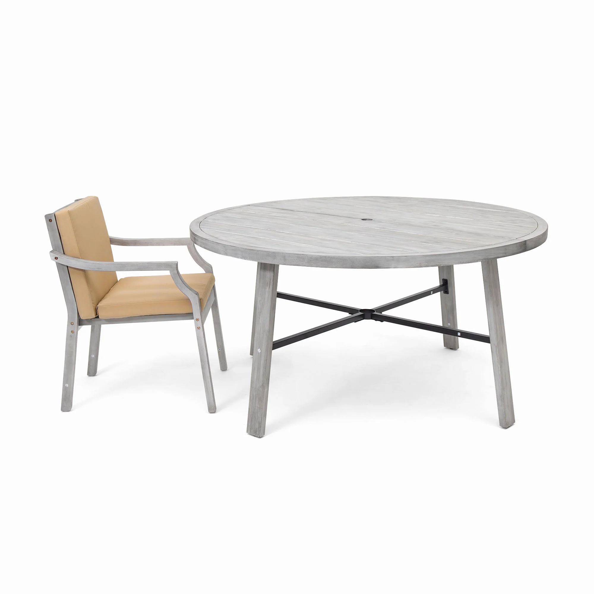 Antique Gray Acacia Wood Outdoor Dining Set 6-Person with Cushions - Image 13