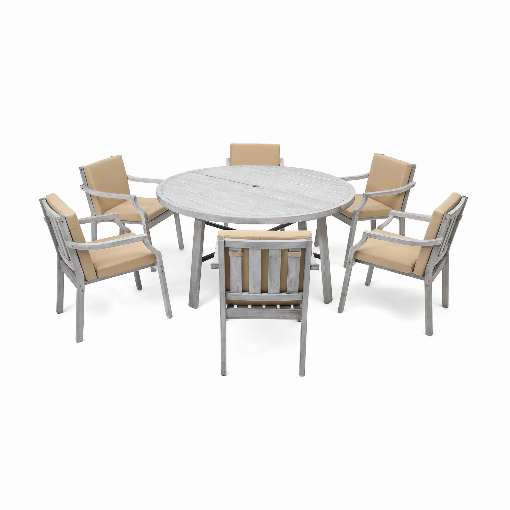 Antique Gray Acacia Wood Outdoor Dining Set 6-Person with Cushions - Image 16