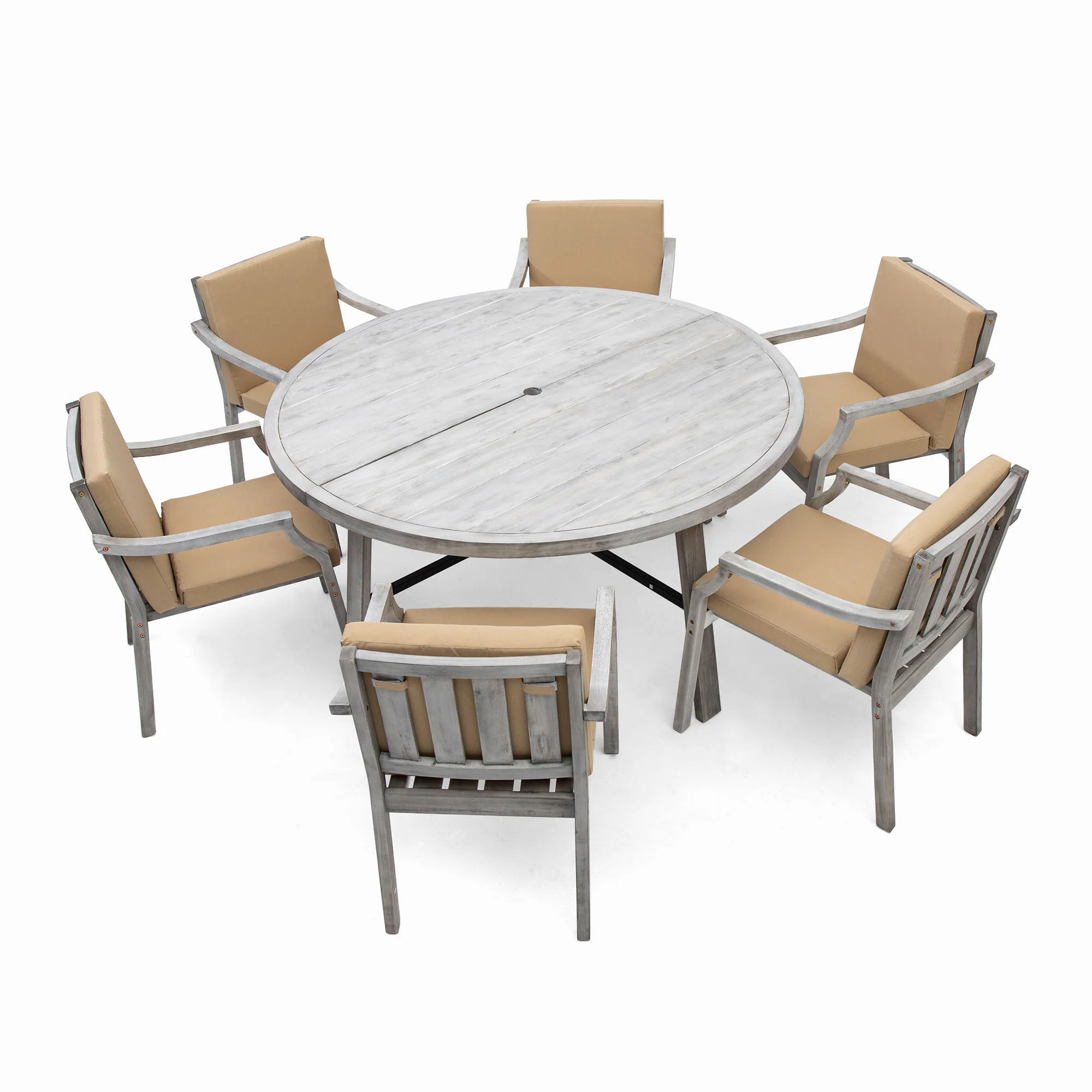 Antique Gray Acacia Wood Outdoor Dining Set 6-Person with Cushions - Image 3
