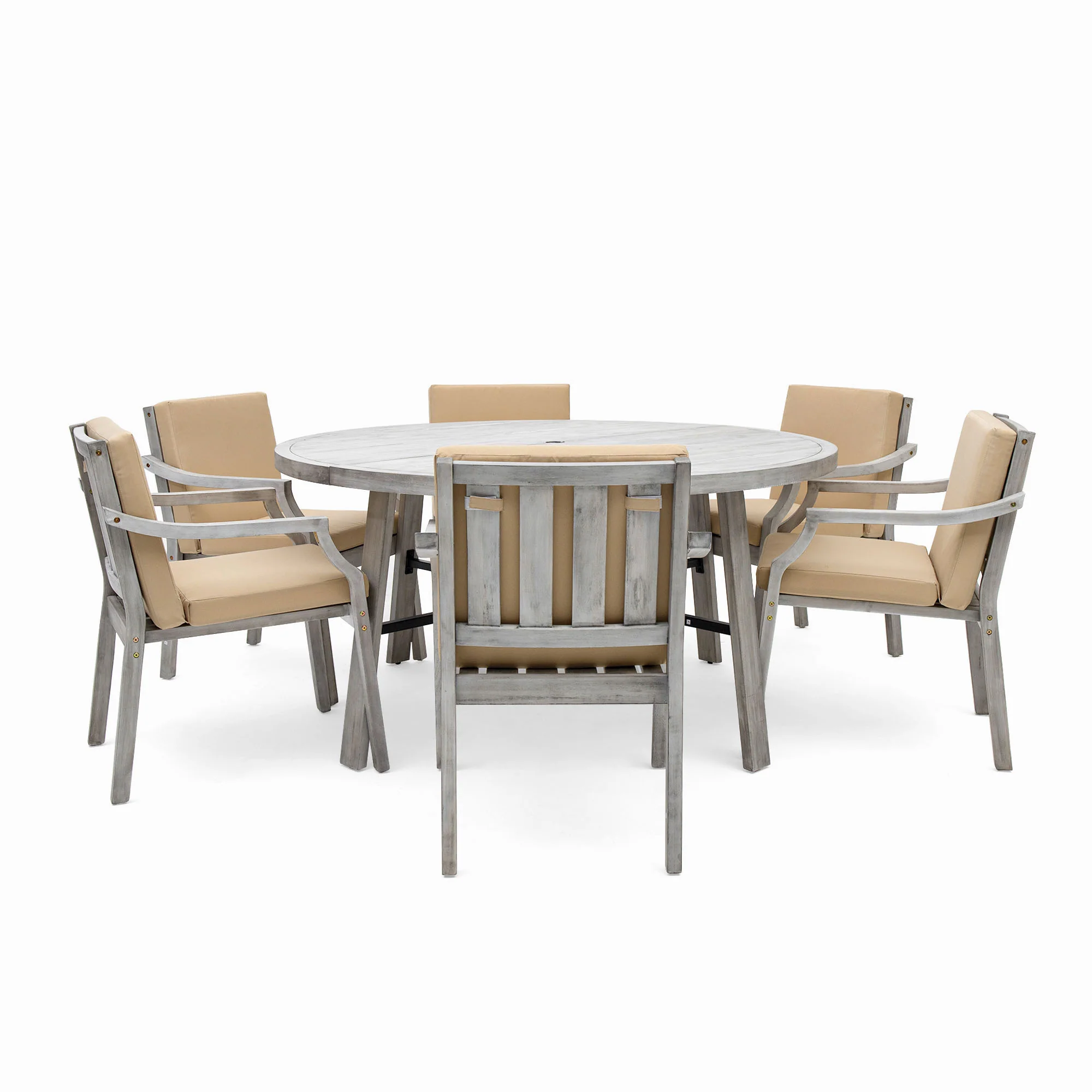 Antique Gray Acacia Wood Outdoor Dining Set 6-Person with Cushions - Image 42