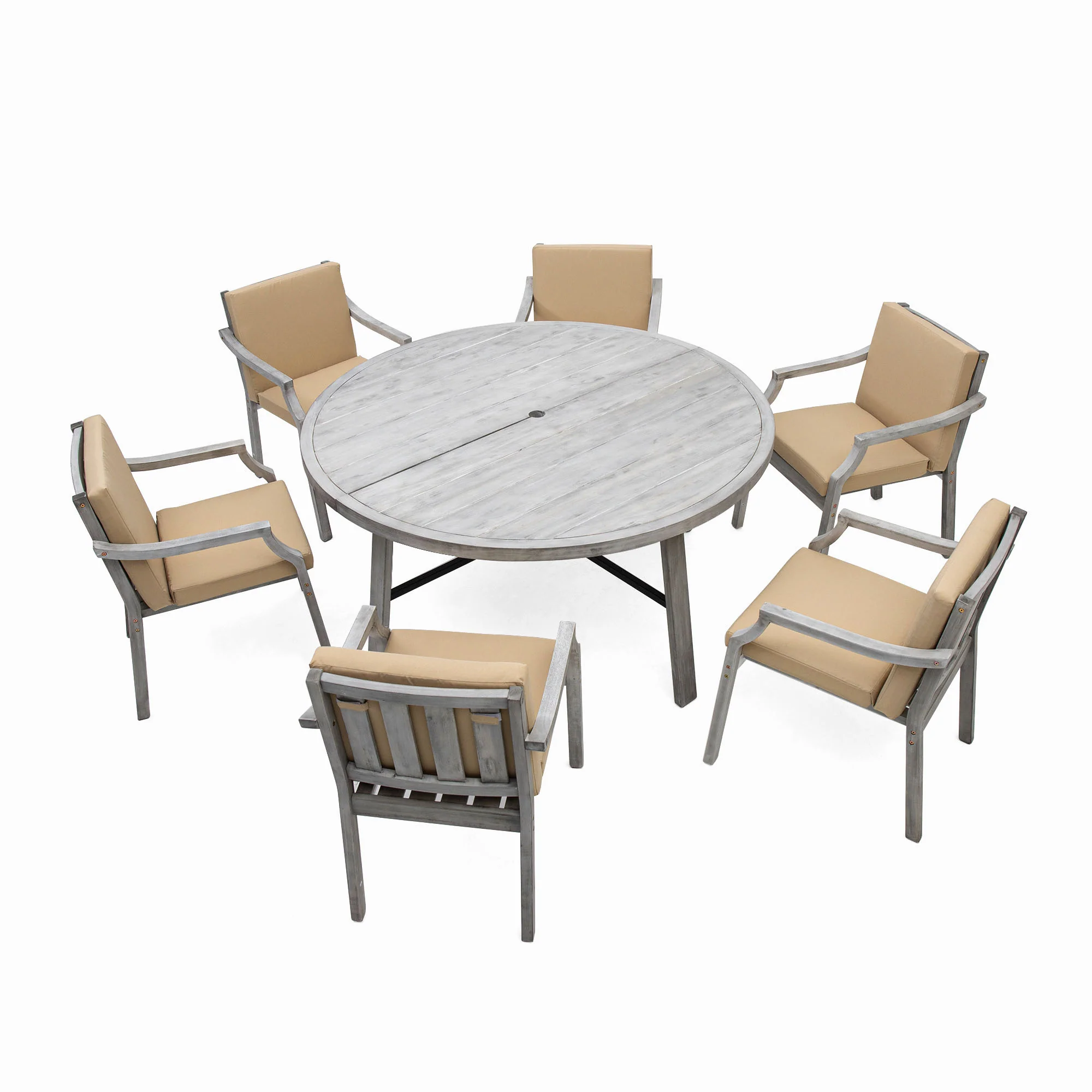 Antique Gray Acacia Wood Outdoor Dining Set 6-Person with Cushions - Image 43