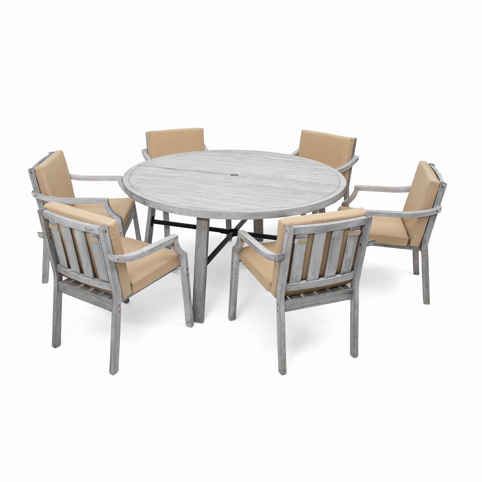 Antique Gray Acacia Wood Outdoor Dining Set 6-Person with Cushions - Image 44