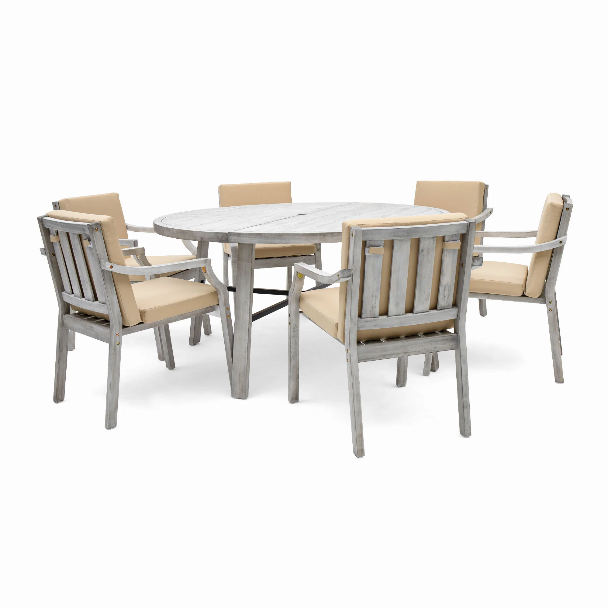 Antique Gray Acacia Wood Outdoor Dining Set 6-Person with Cushions - Image 52