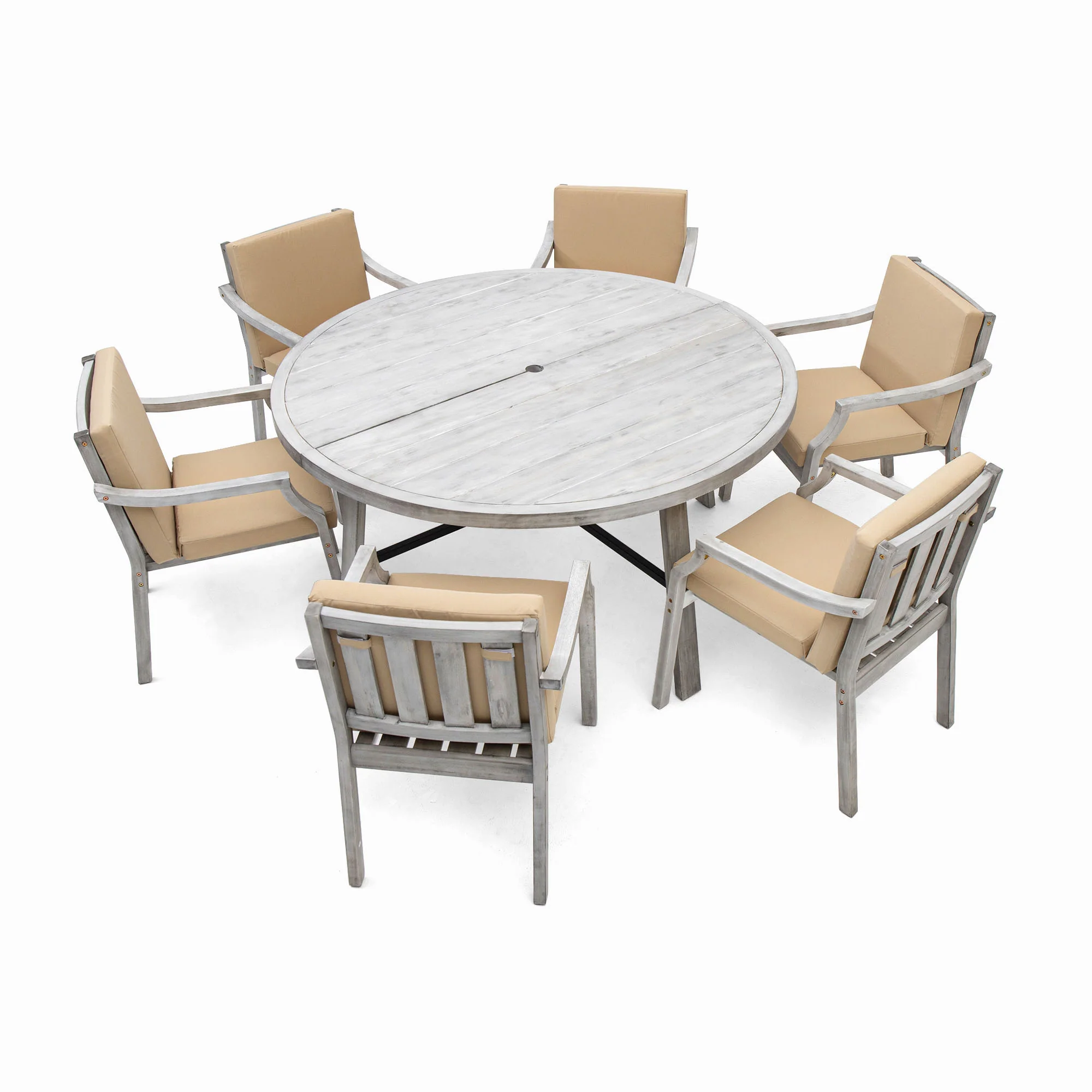 Antique Gray Acacia Wood Outdoor Dining Set 6-Person with Cushions - Image 8