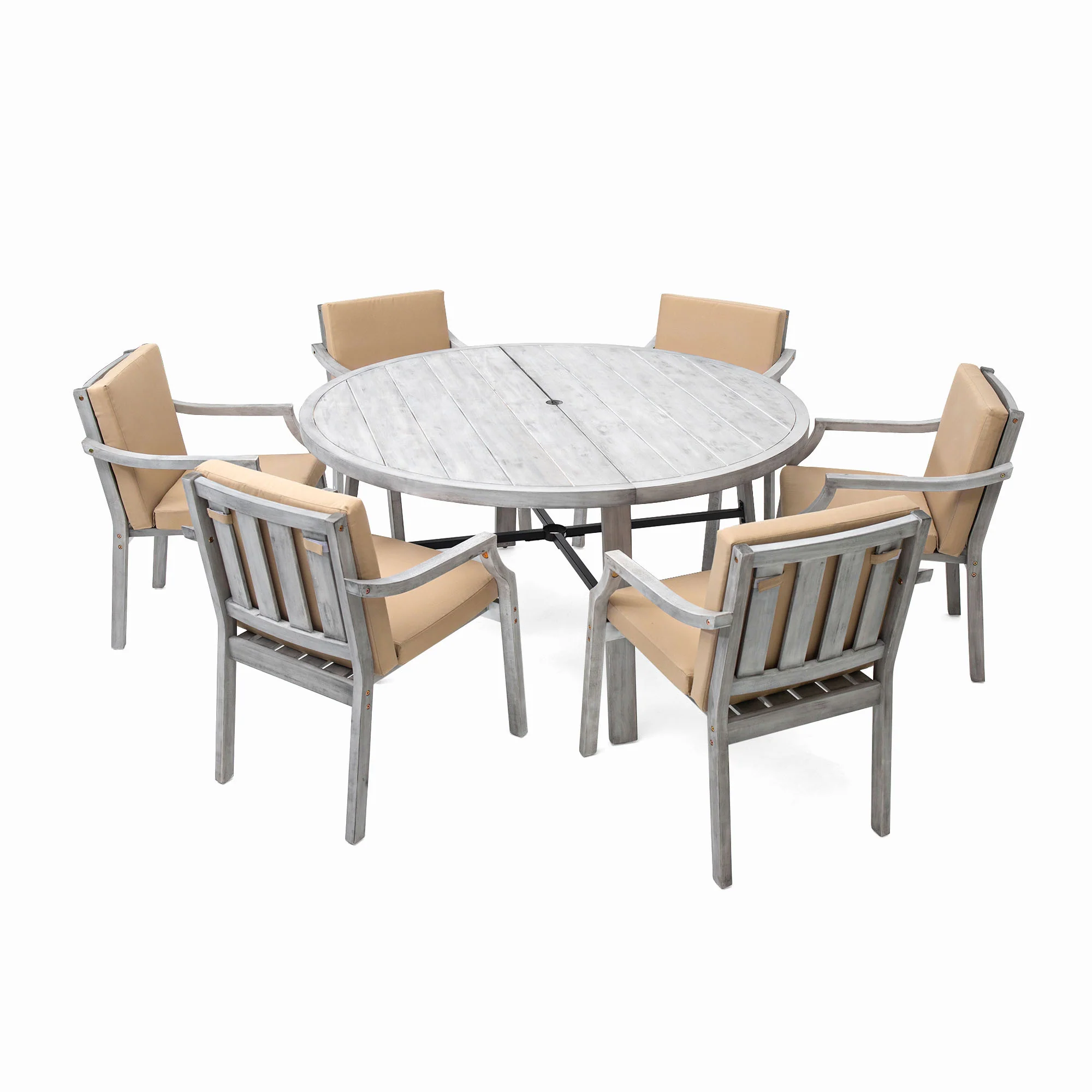 Antique Gray Acacia Wood Outdoor Dining Set 6-Person with Cushions - Image 9