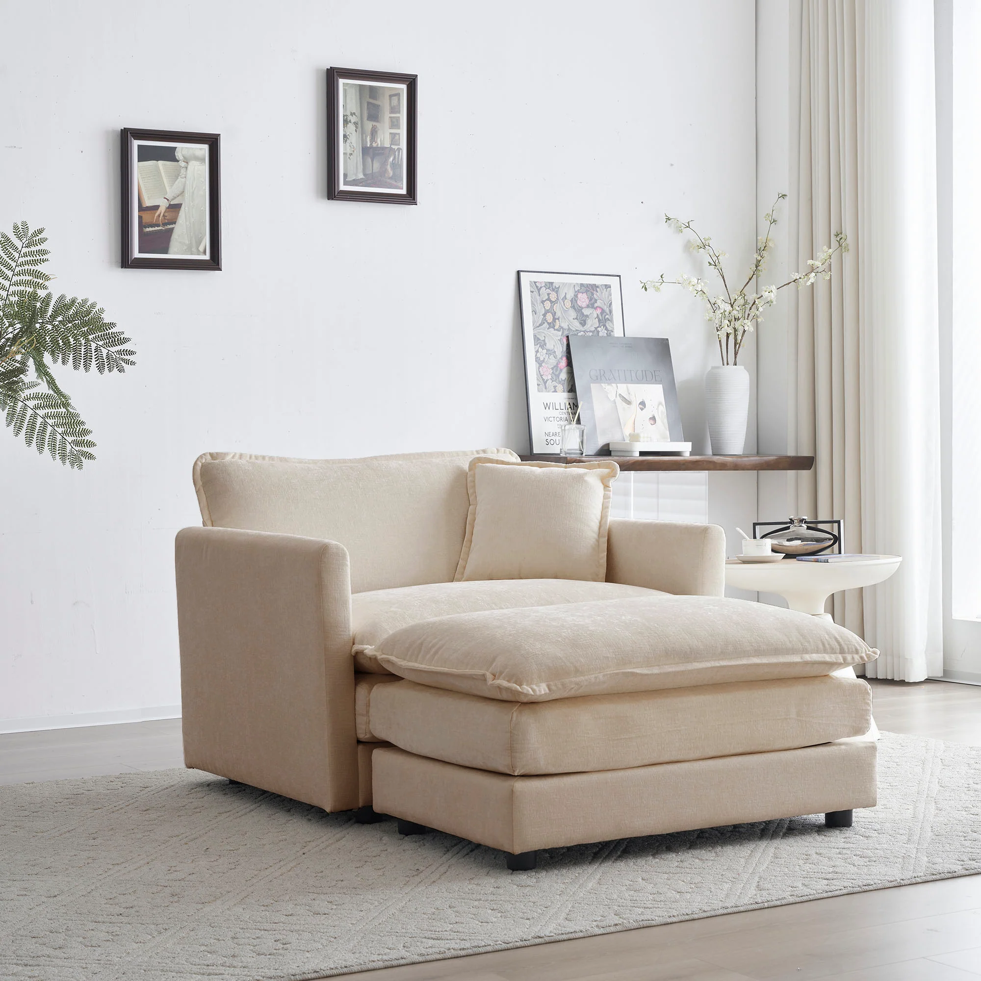Walker Edison | Beige Chenille Cloud Accent Chair with Ottoman Set - Image 2