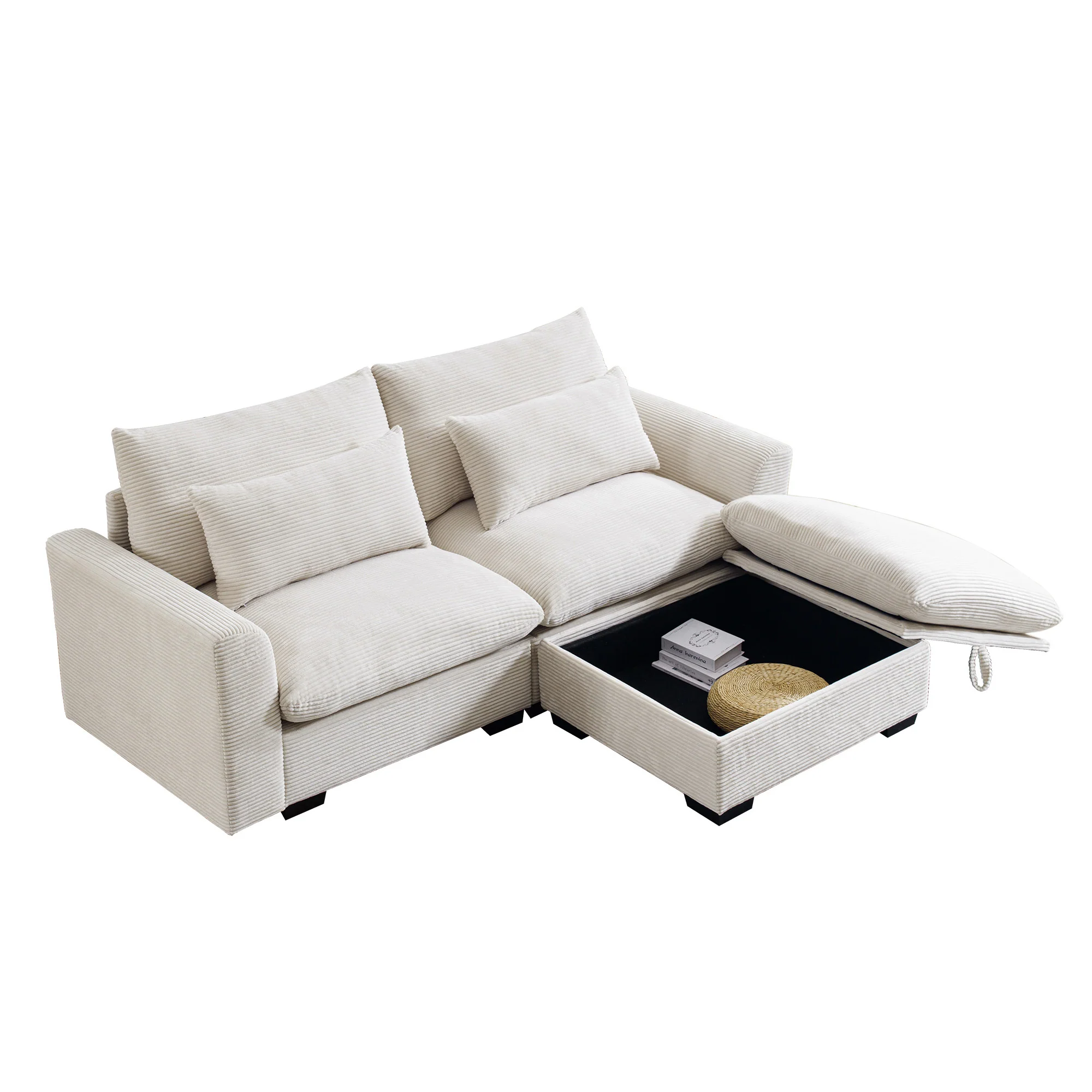 Walker Edison | Beige Corduroy Cloud Modular Loveseat with Storage Ottoman - Image 6