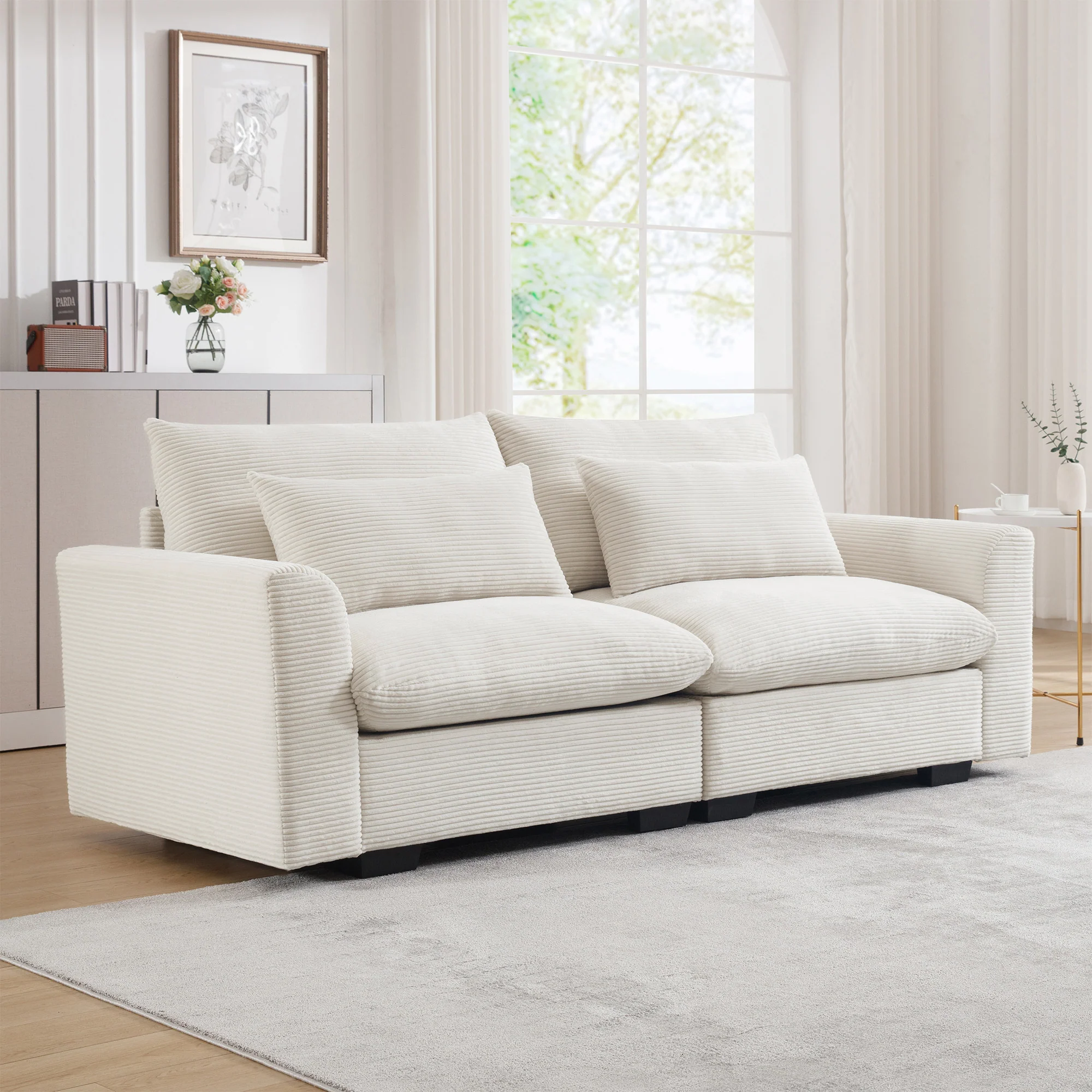 Walker Edison | Beige Corduroy Deep Seat Loveseat Couch - Image 3