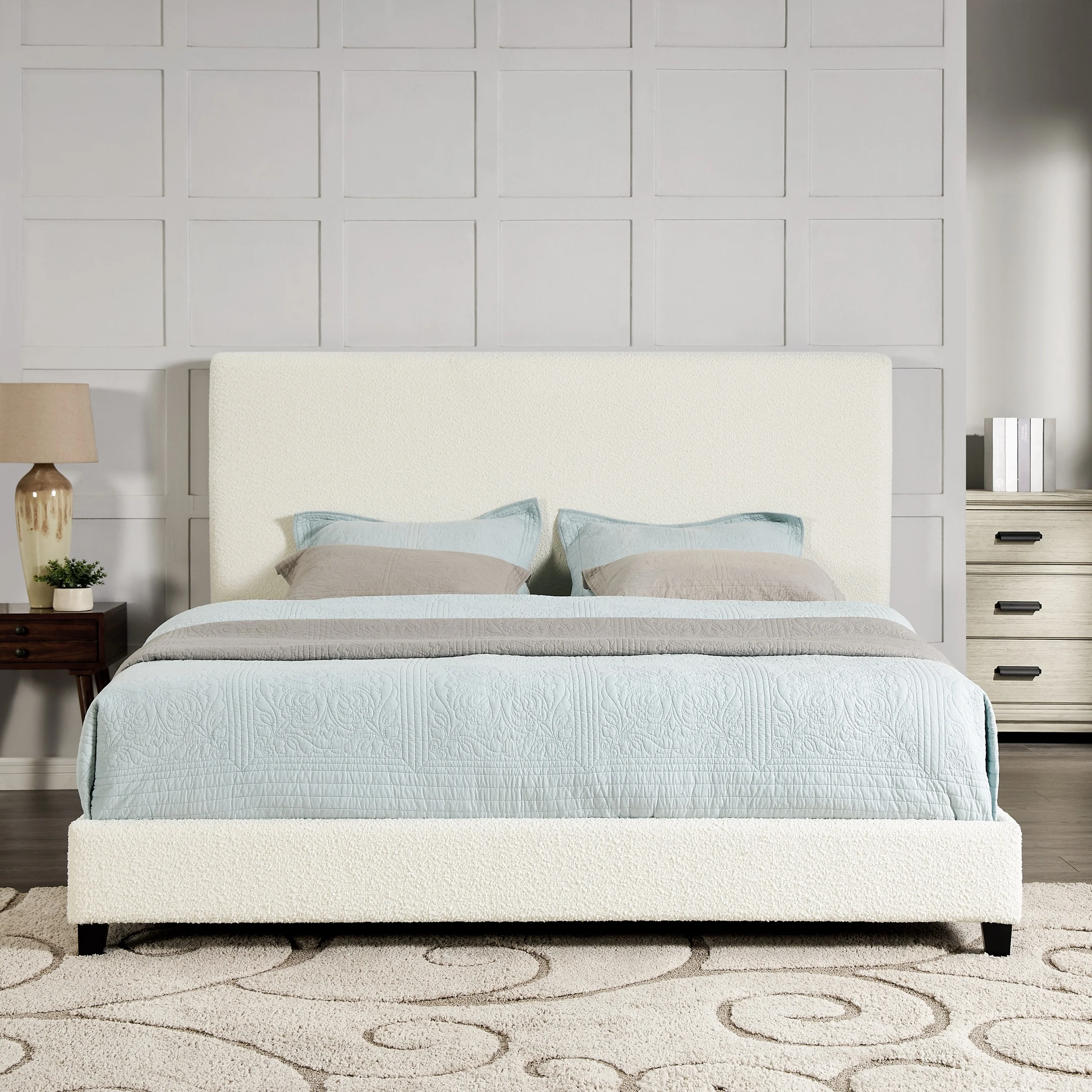 Walker Edison | King Size White Boucle Upholstered Platform Bed - Image 2