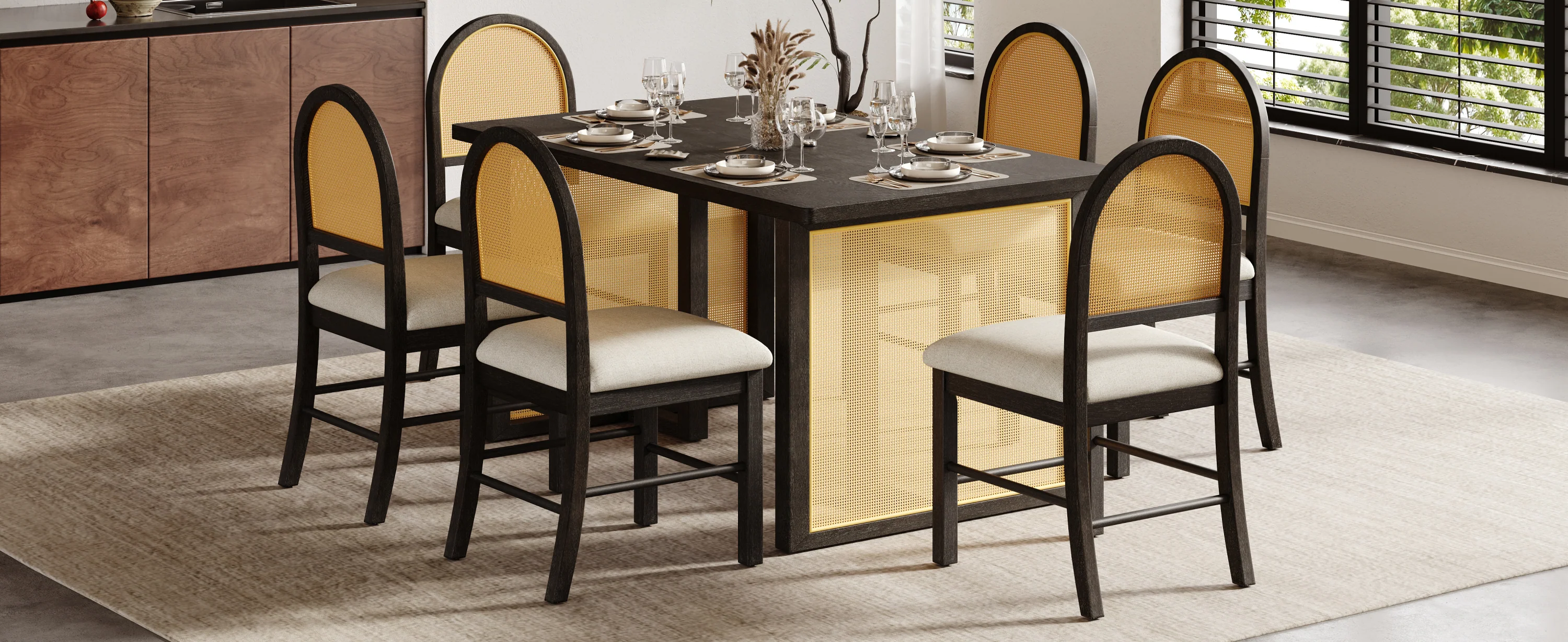Boho Rattan 7-Piece Farmhouse Dining Table Set for 6 - Image 18
