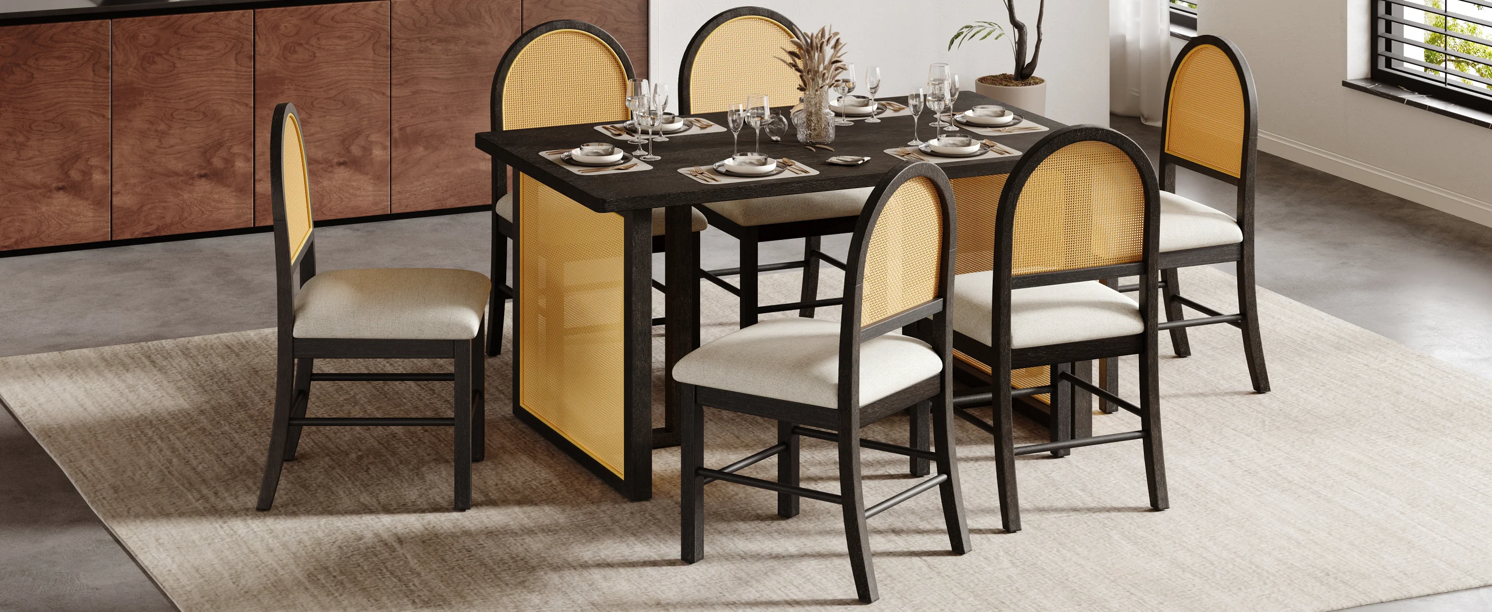 Boho Rattan 7-Piece Farmhouse Dining Table Set for 6 - Image 21
