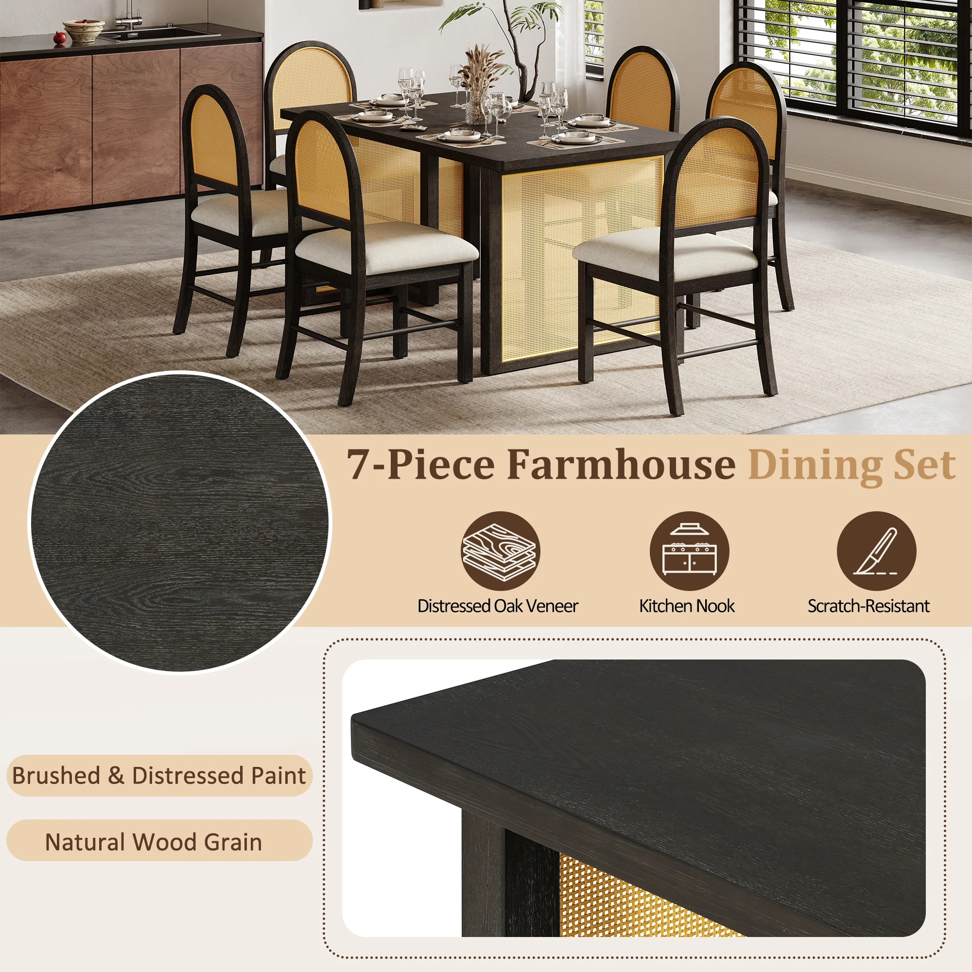 Boho Rattan 7-Piece Farmhouse Dining Table Set for 6 - Image 4