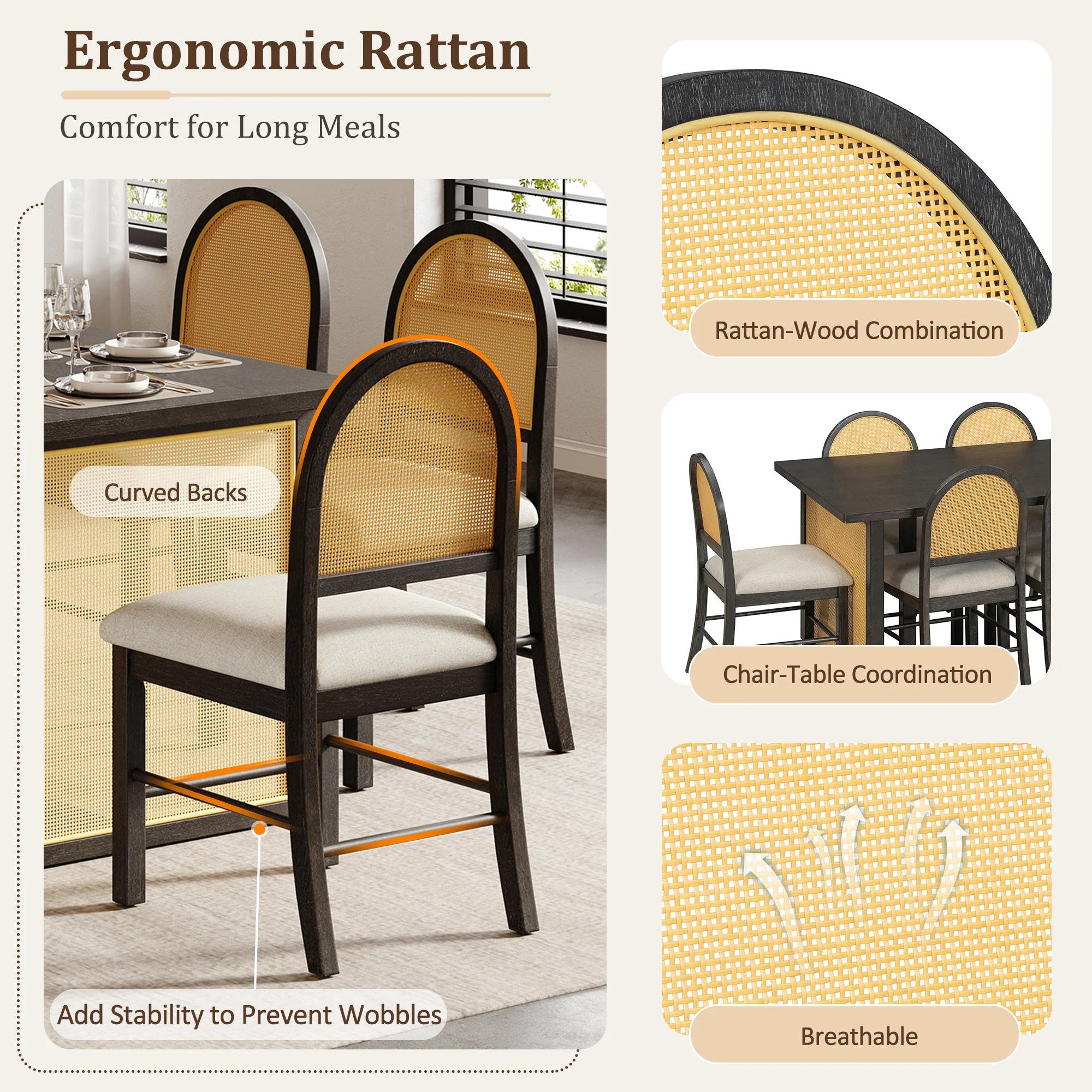Boho Rattan 7-Piece Farmhouse Dining Table Set for 6 - Image 5