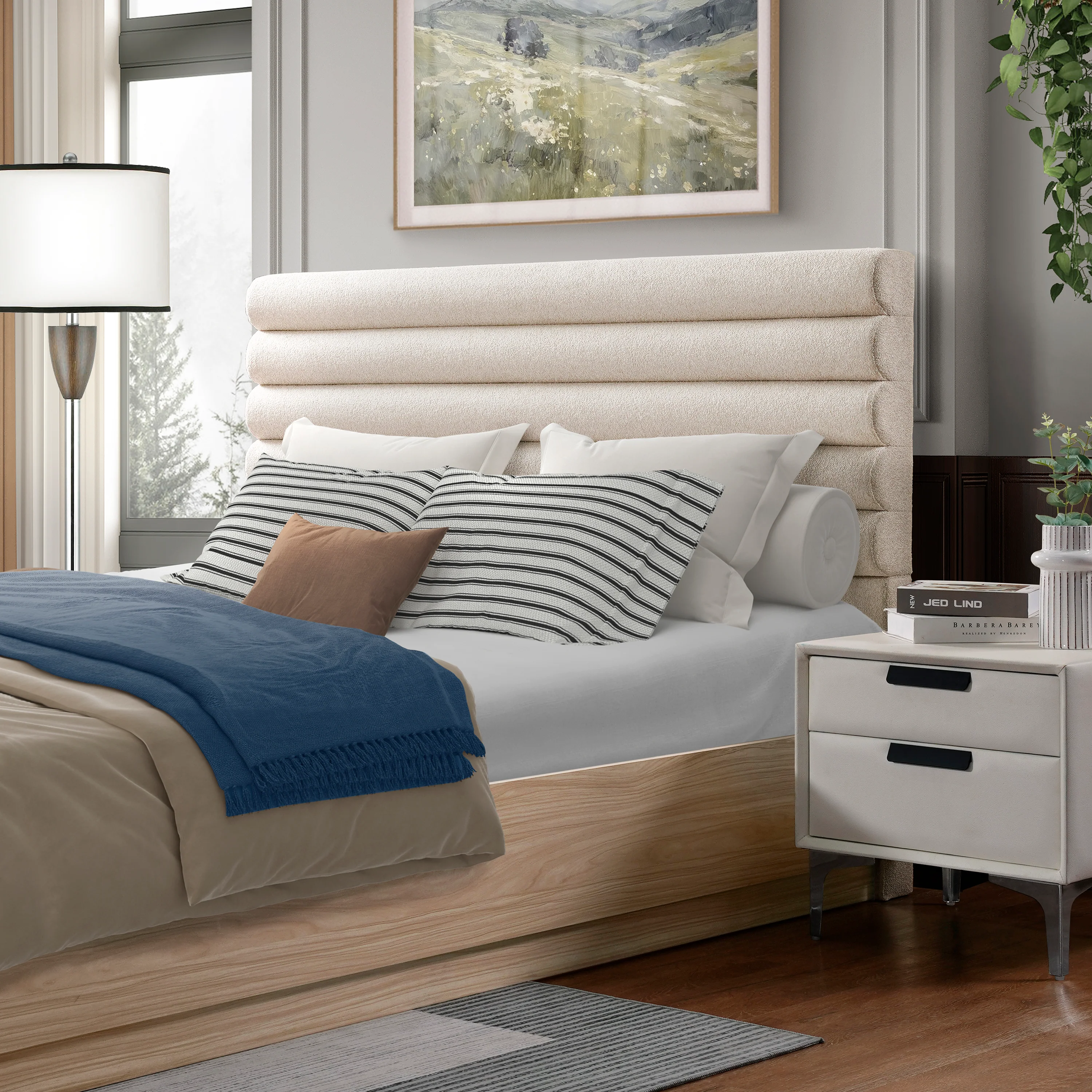 Boucle Fabric Upholstered Headboard Queen Wood Bedframe - Image 2