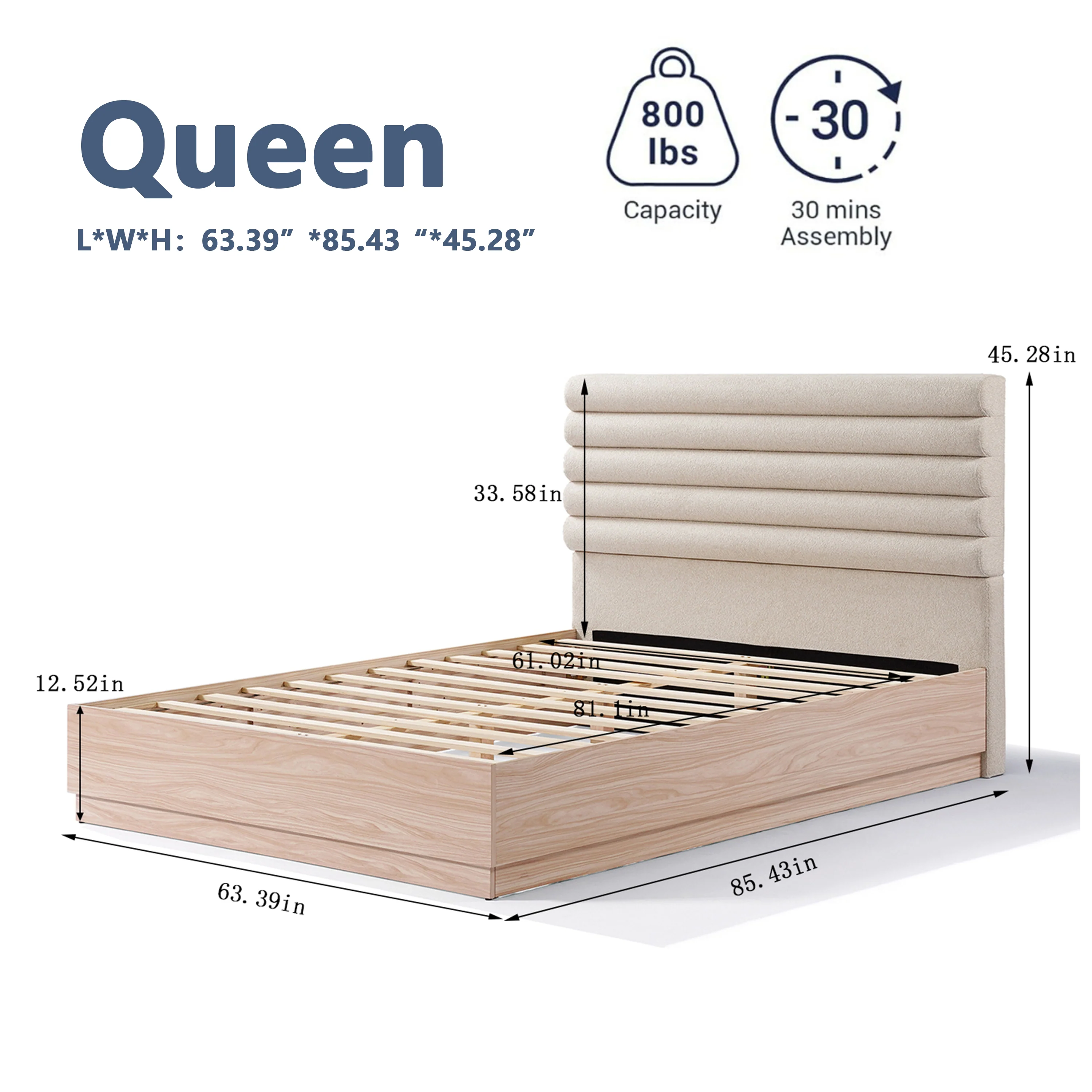 Boucle Fabric Upholstered Headboard Queen Wood Bedframe - Image 3