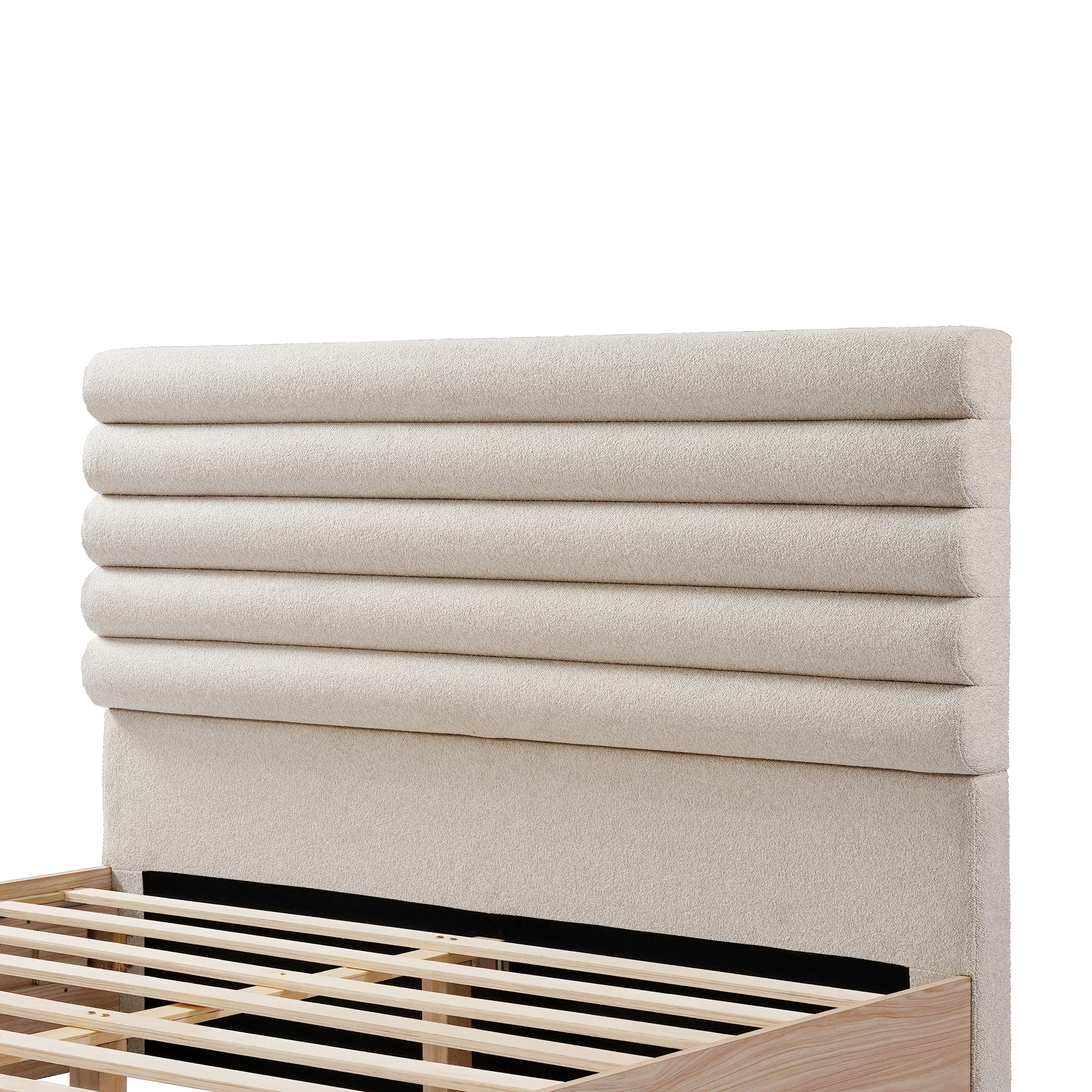 Boucle Fabric Upholstered Headboard Queen Wood Bedframe - Image 8