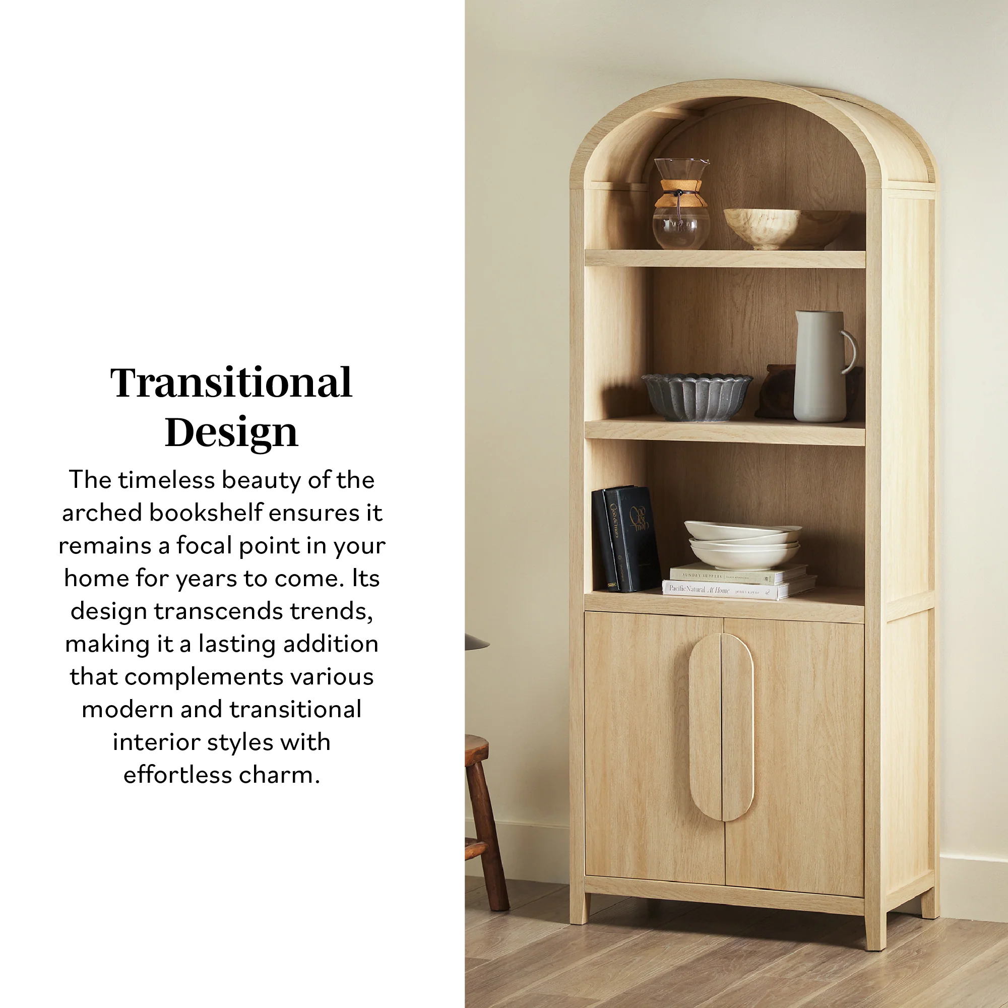 Chantelle Modern Arched Bookshelf with Cabinet - Image 4