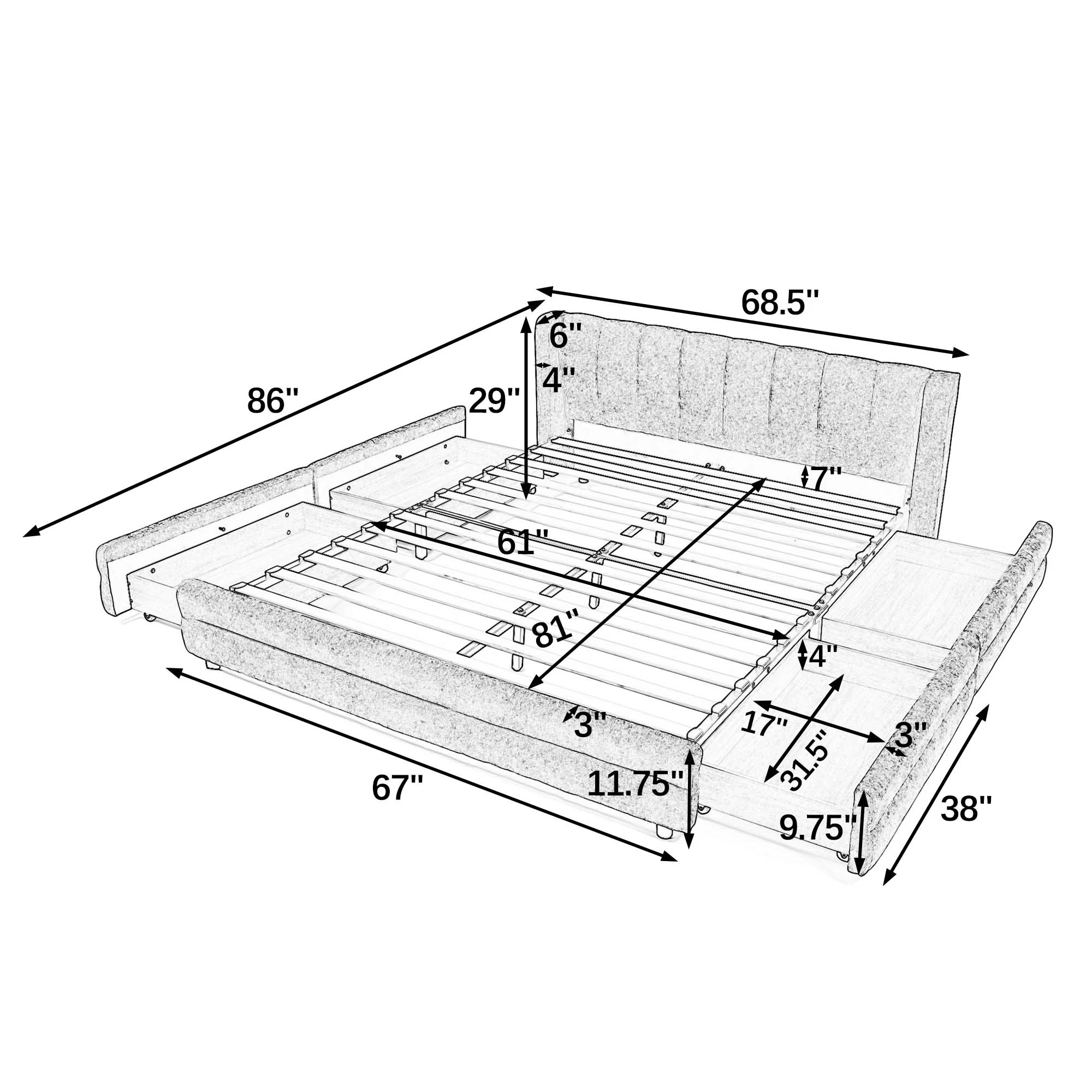 Chenille Upholstered Queen Size Upholstered Bedframe with Drawers - Image 16