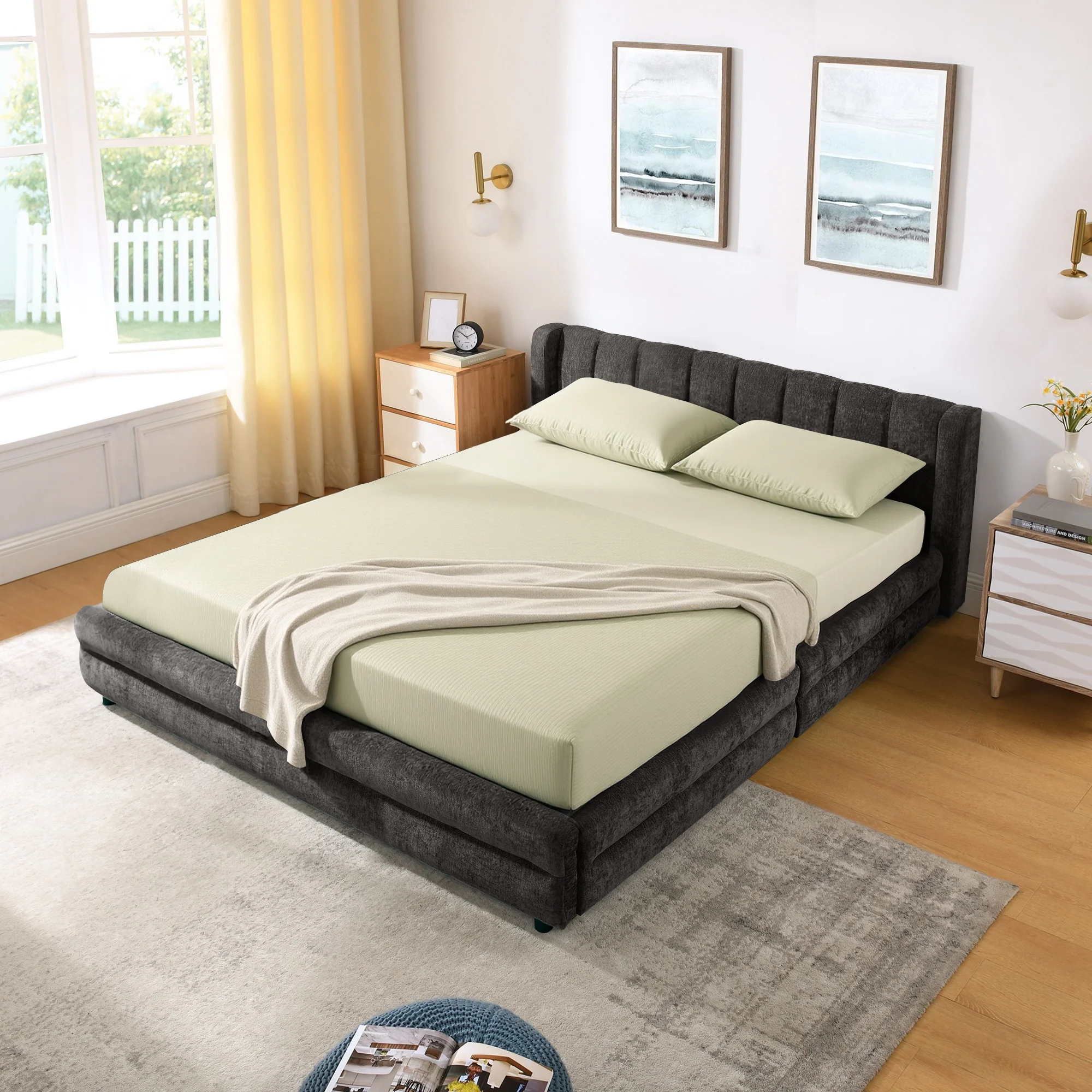 Chenille Upholstered Queen Size Upholstered Bedframe with Drawers - Image 17