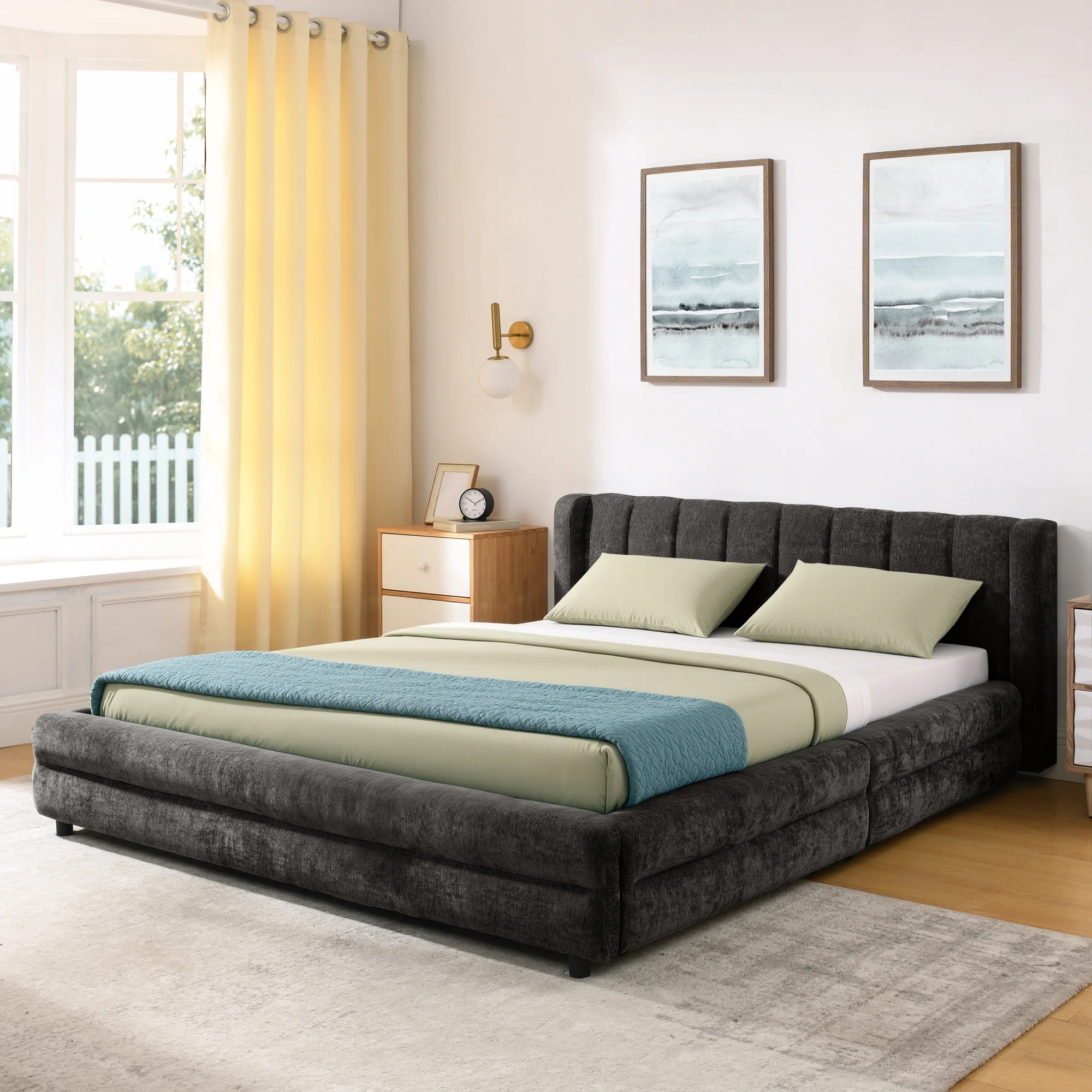 Chenille Upholstered Queen Size Upholstered Bedframe with Drawers - Image 18