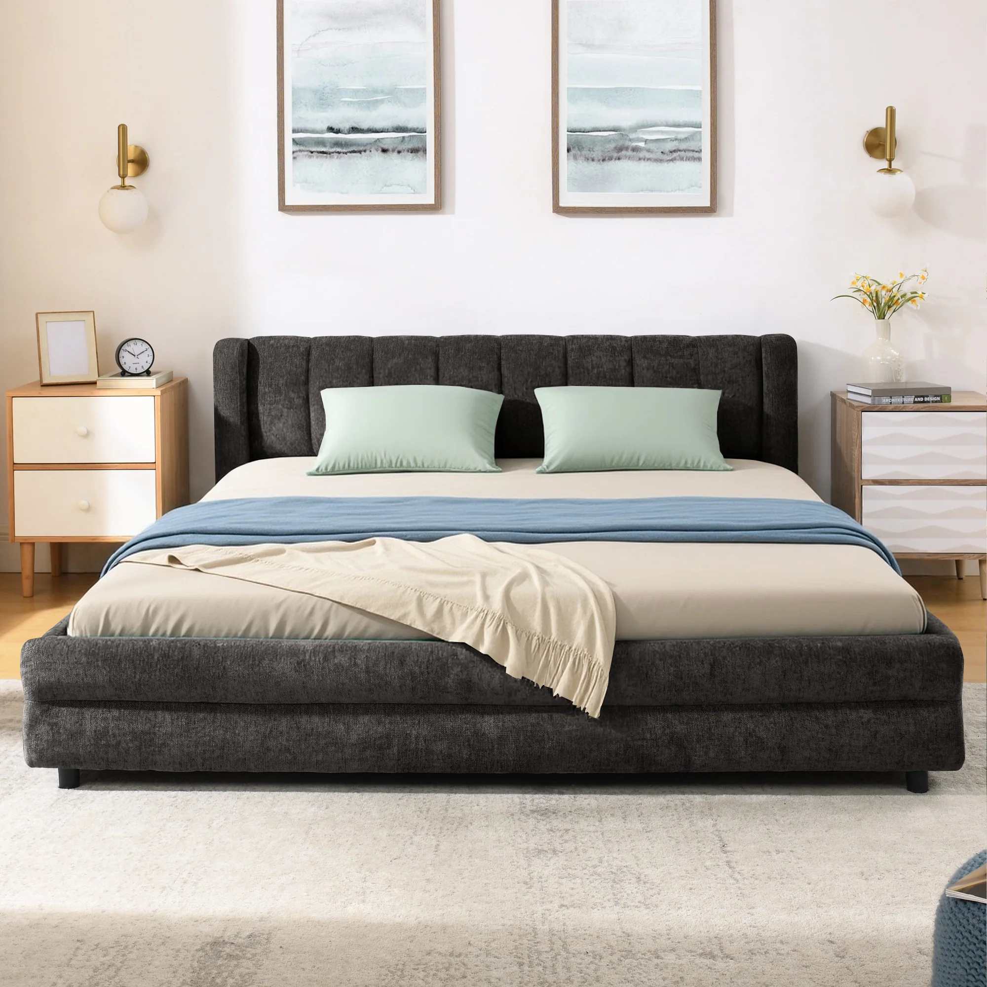 Chenille Upholstered Queen Size Upholstered Bedframe with Drawers - Image 19