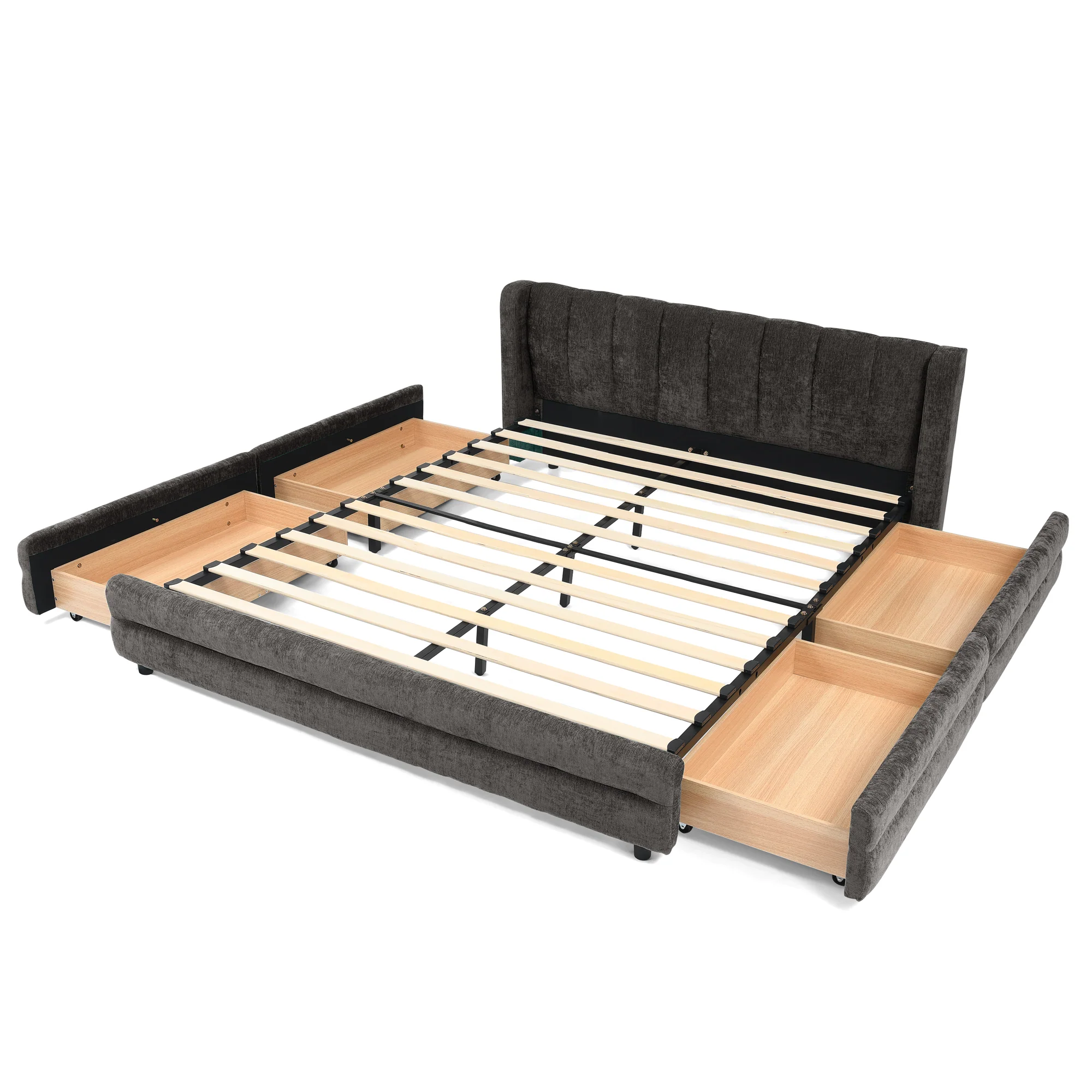 Chenille Upholstered Queen Size Upholstered Bedframe with Drawers - Image 25