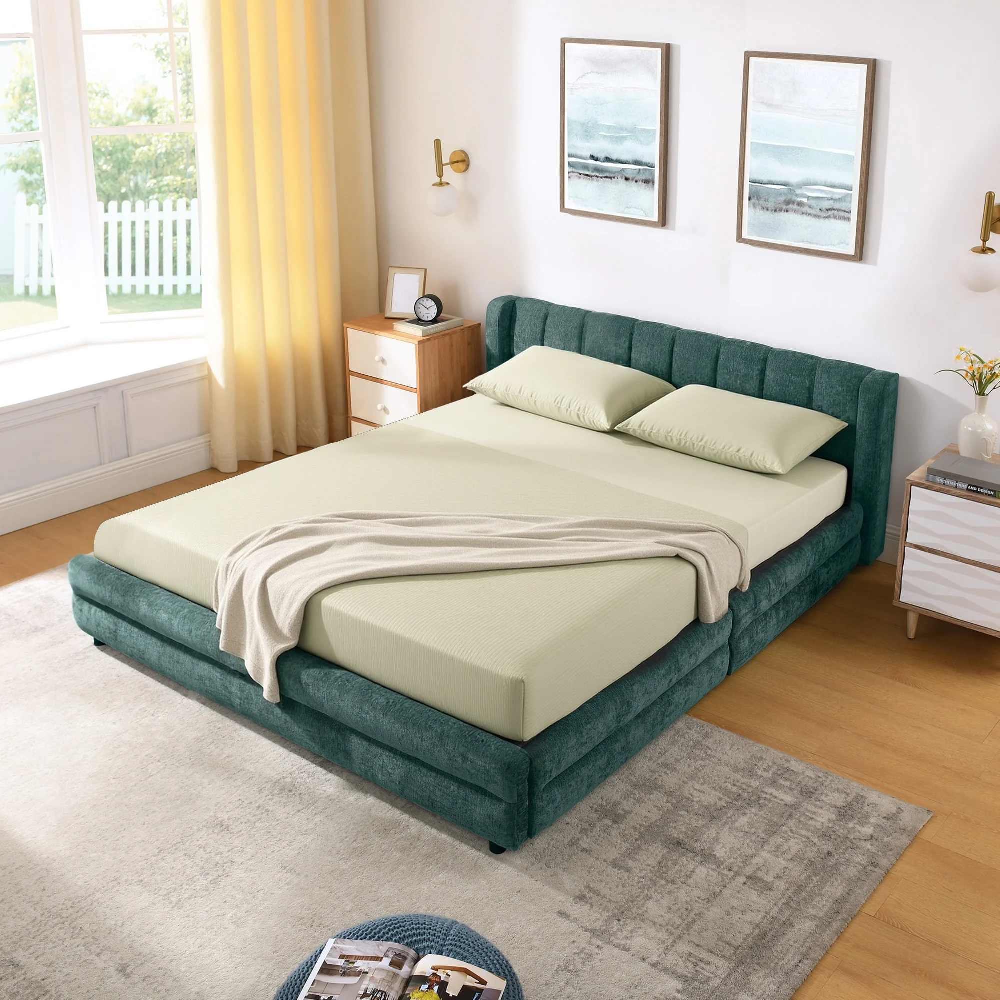 Chenille Upholstered Queen Size Upholstered Bedframe with Drawers - Image 26
