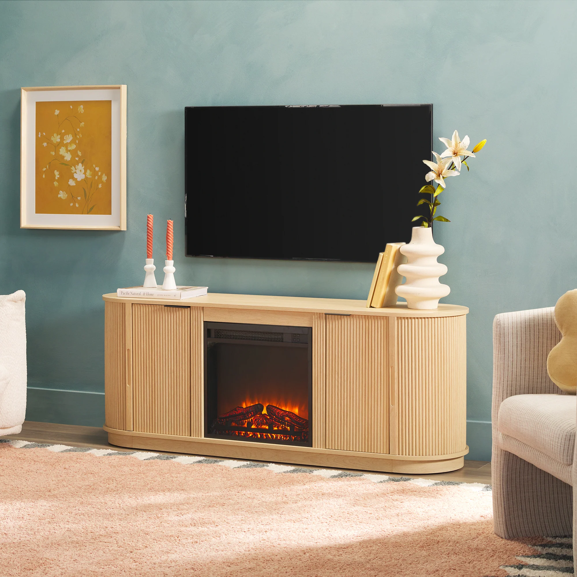 Chloe Modern Scandinavian Reeded Fireplace TV Stand in 2 Sizes - Image 13