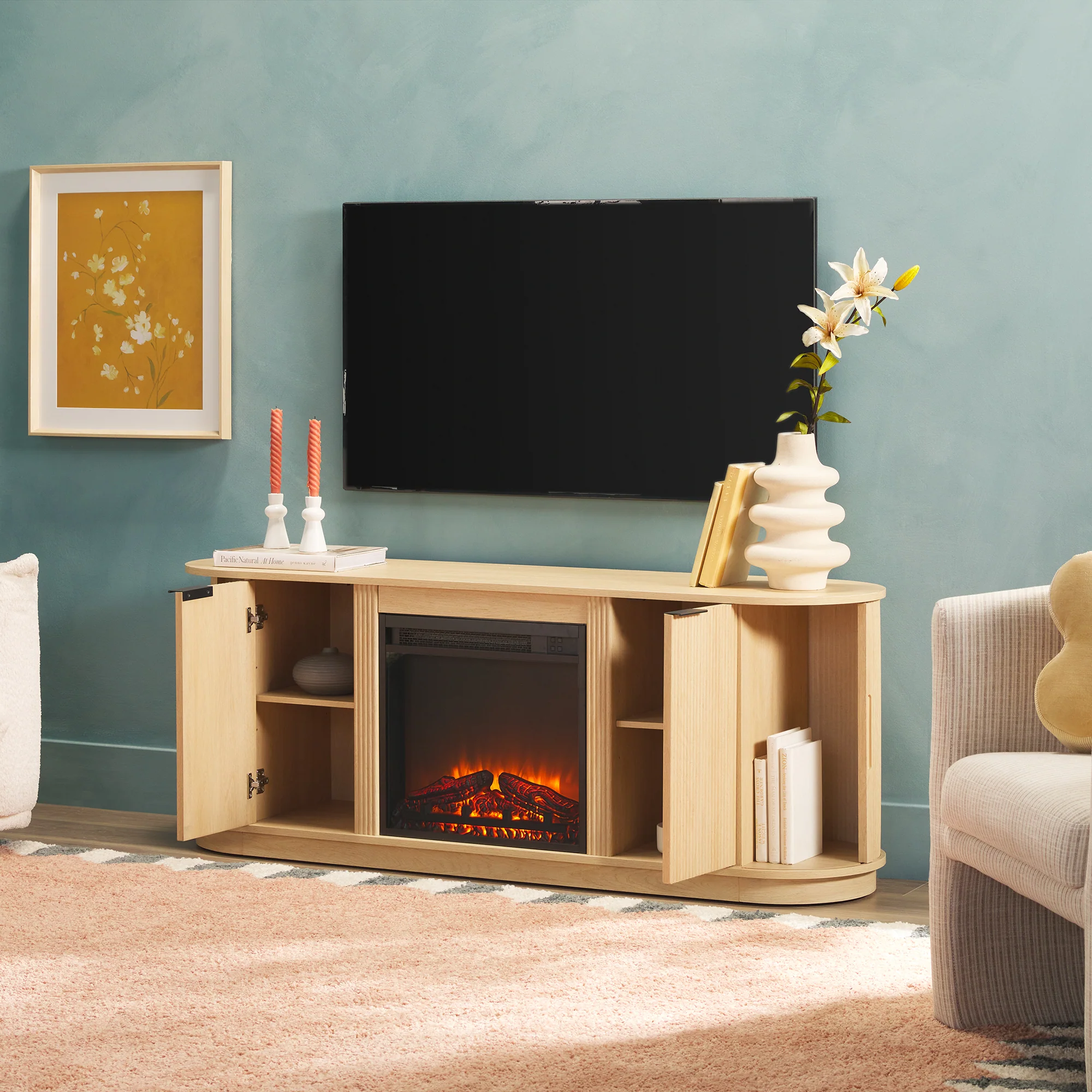 Chloe Modern Scandinavian Reeded Fireplace TV Stand in 2 Sizes - Image 15