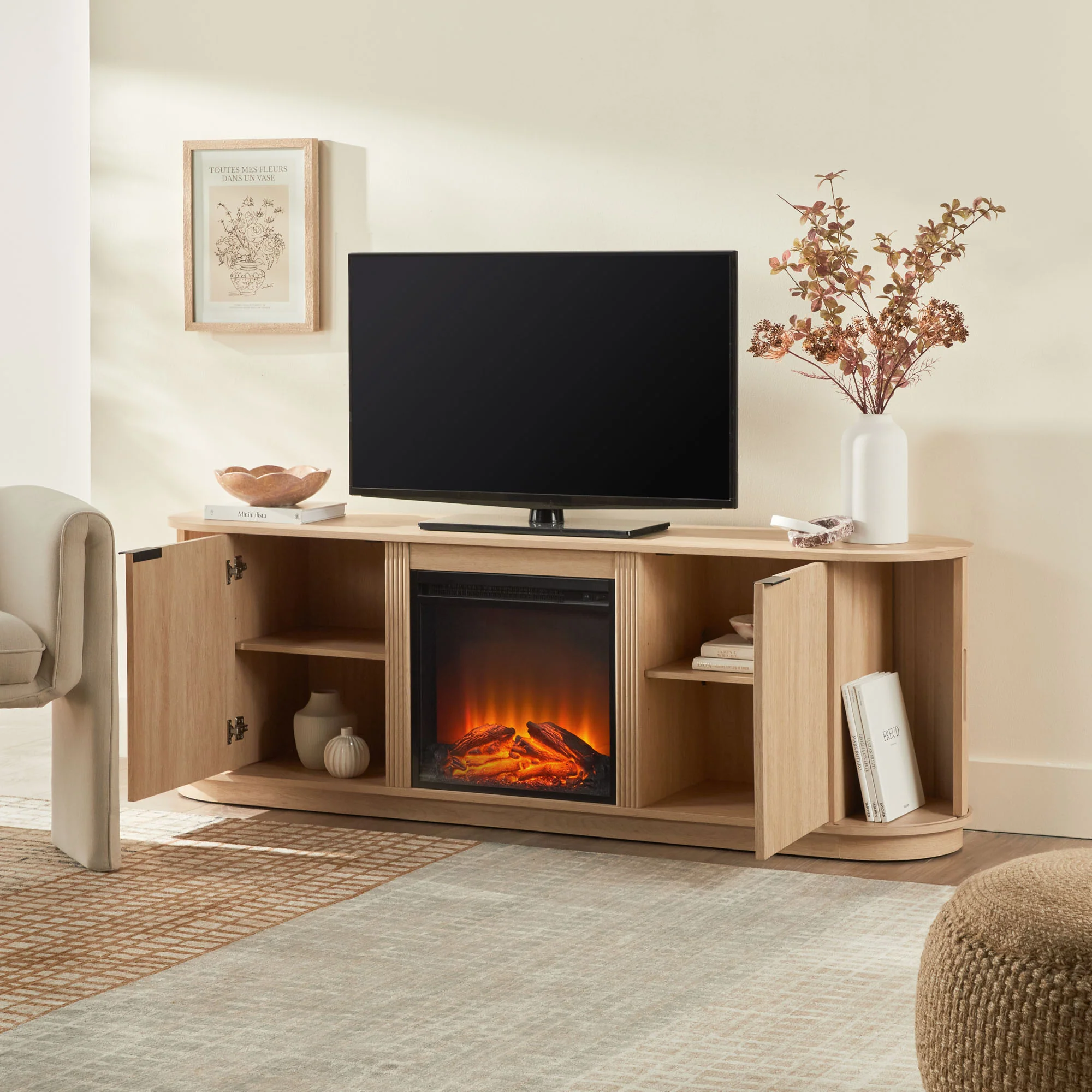 Chloe Modern Scandinavian Reeded Fireplace TV Stand in 2 Sizes - Image 29