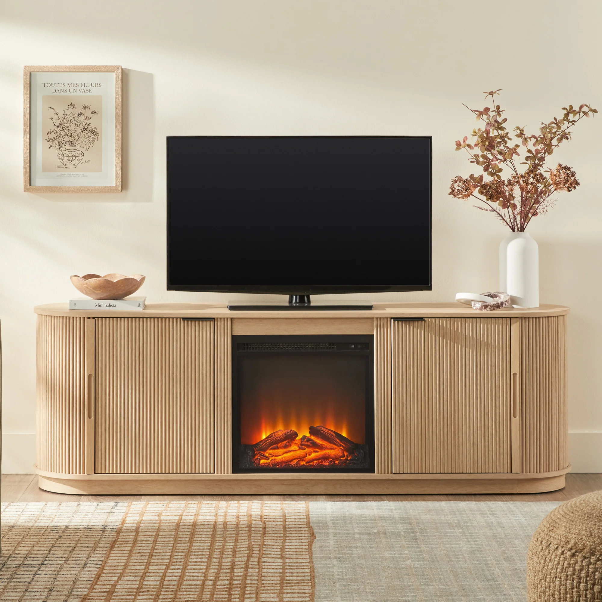 Chloe Modern Scandinavian Reeded Fireplace TV Stand in 2 Sizes - Image 3