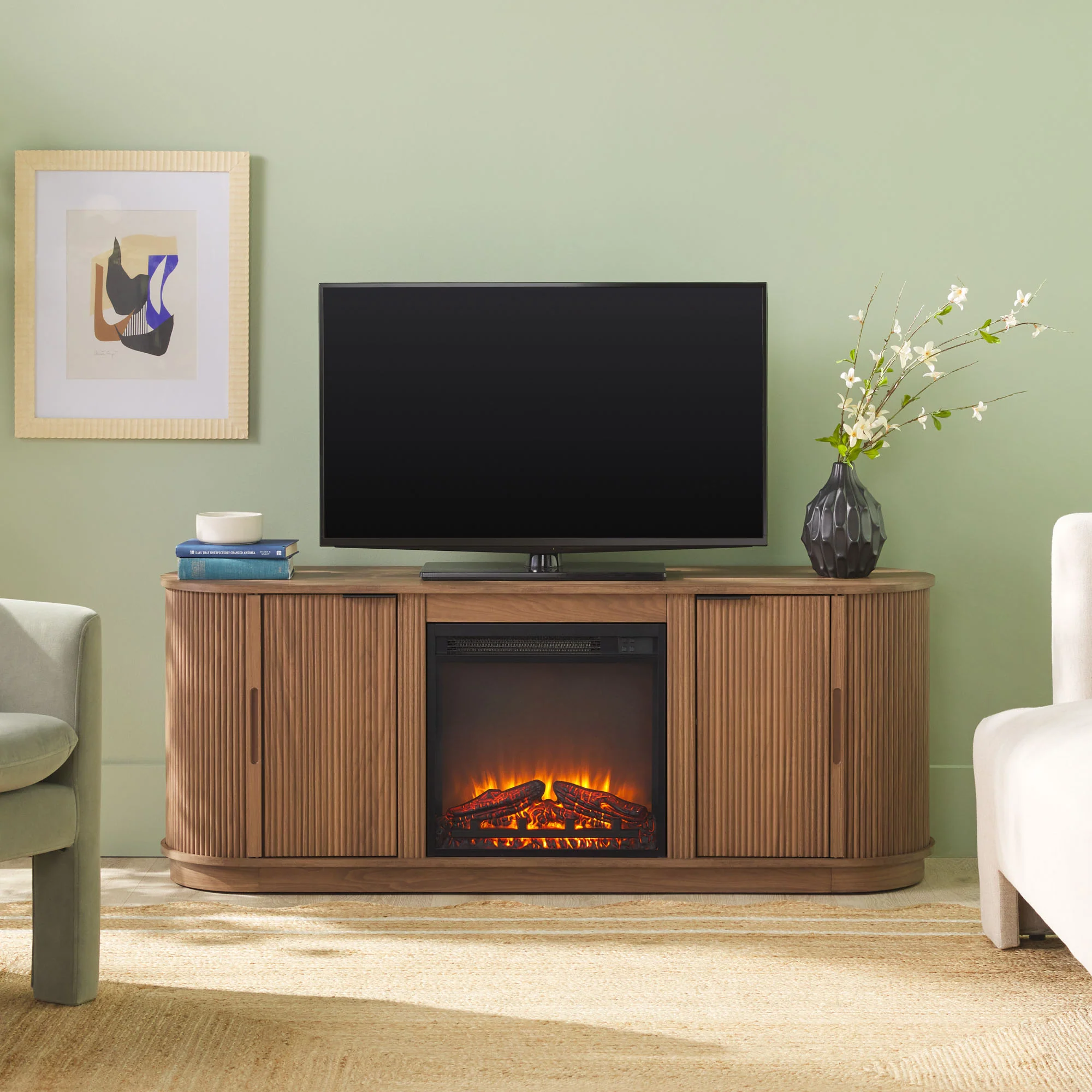 Chloe Modern Scandinavian Reeded Fireplace TV Stand in 2 Sizes - Image 4