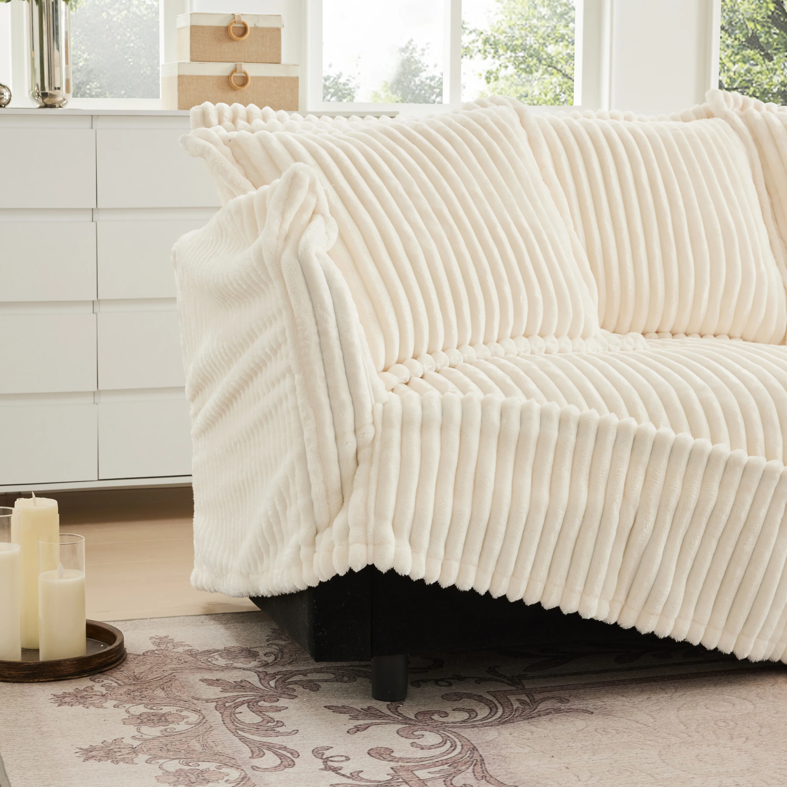 Walker Edison | Cloud Cream Corduroy Slipcovered Sectional Sofa with Ottoman - Image 13