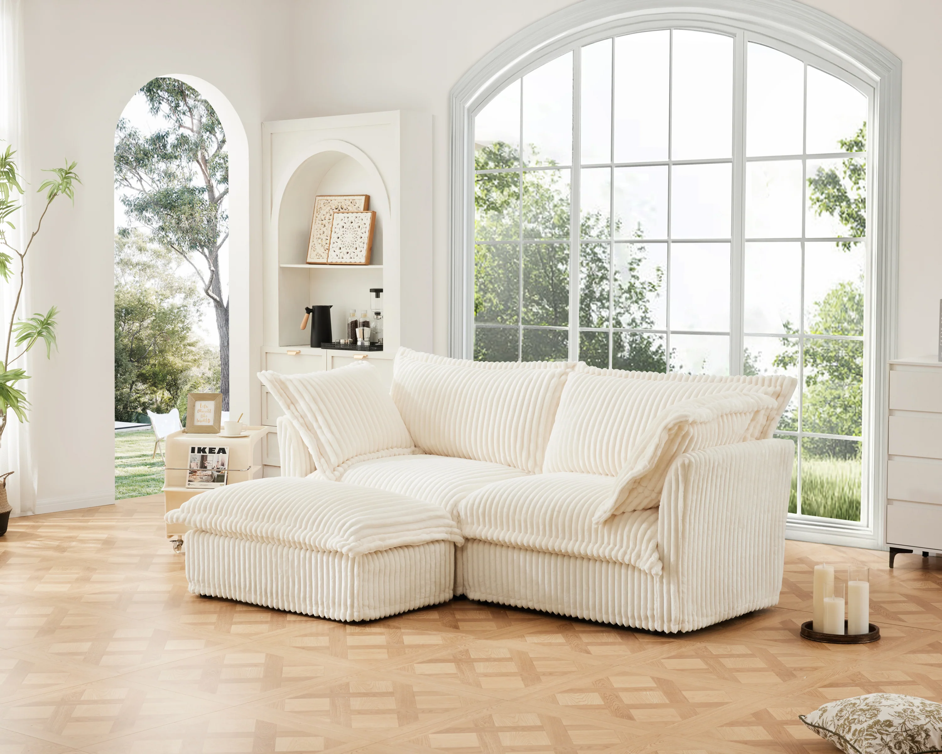 Walker Edison | Cloud Cream Corduroy Slipcovered Sectional Sofa with Ottoman - Image 16