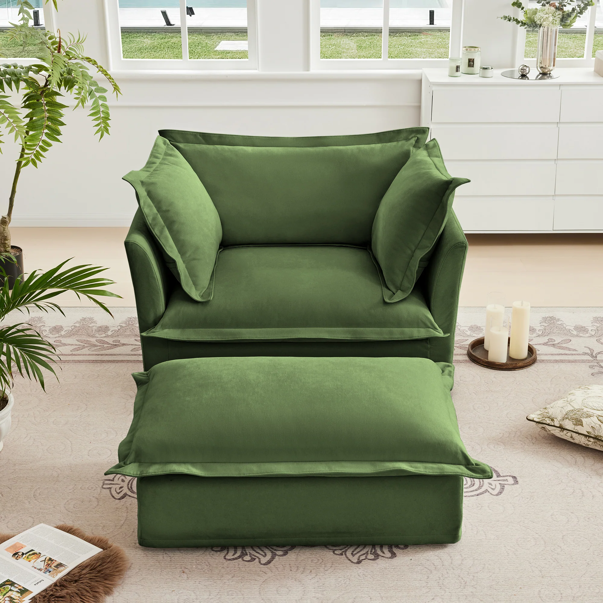 Walker Edison | Cloud Deep Seat Slipcovered Armchair with Ottoman - Image 2