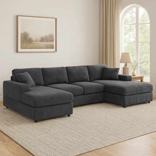 Walker Edison | Coastal Grey Corduroy Double-Chaise Cloud Sectional Sofa