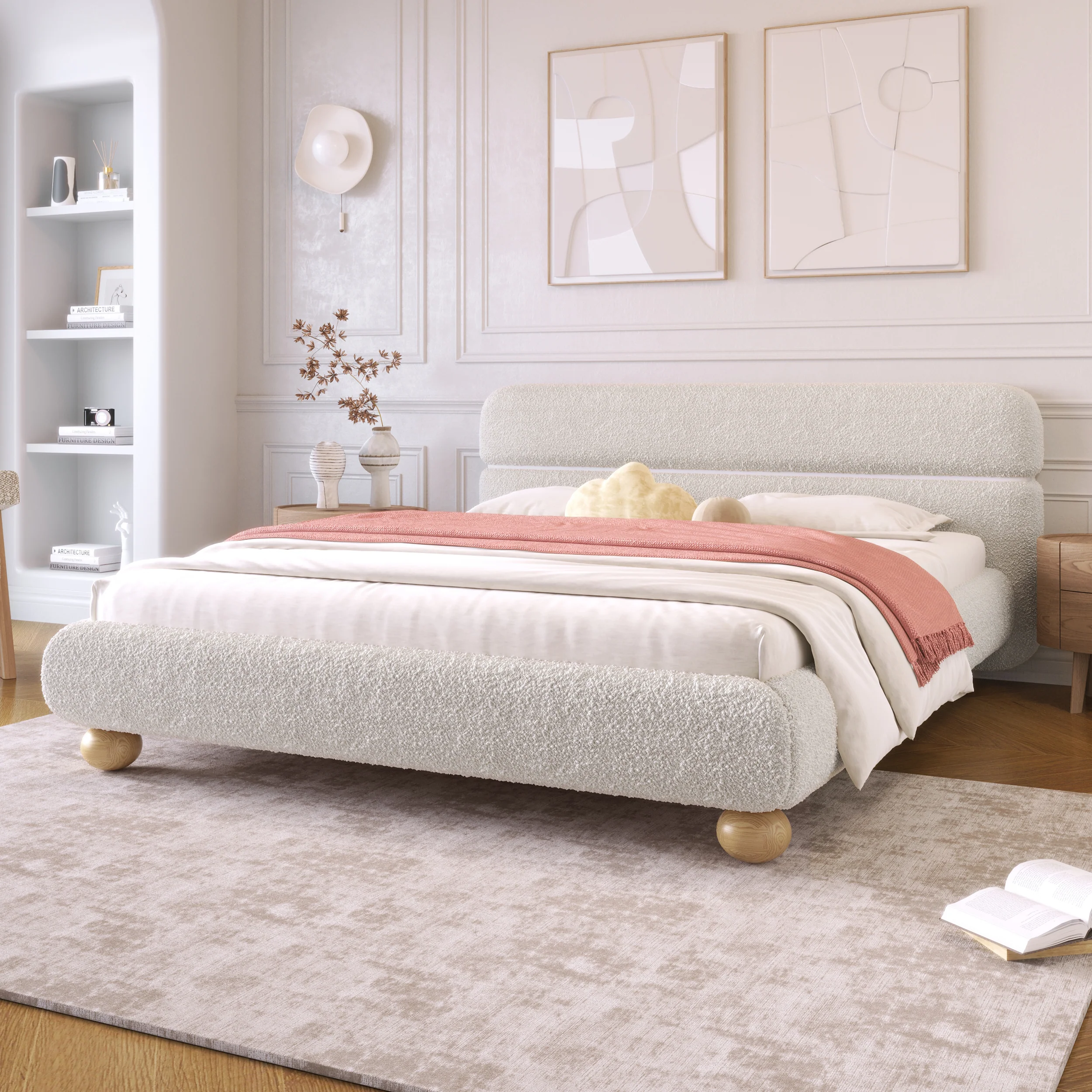 Walker Edison | Contemporary Boucle Queen Bedframe with Solid Round Legs - Image 2