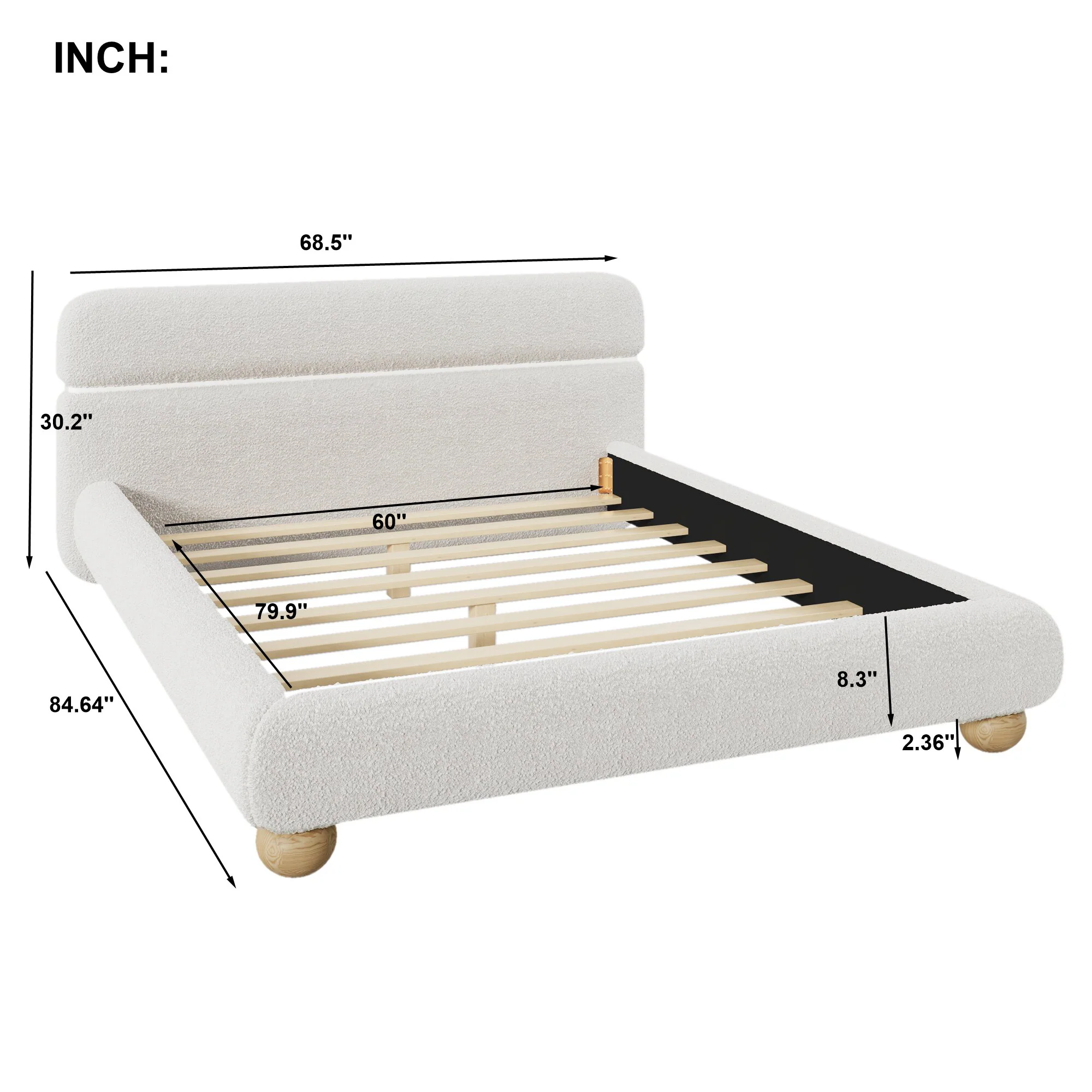 Walker Edison | Contemporary Boucle Queen Bedframe with Solid Round Legs - Image 4