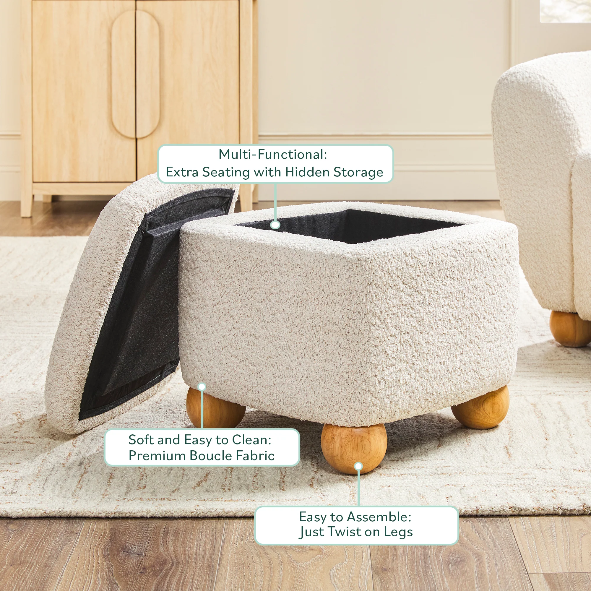 Linley Contemporary Boucle Easy Assembly Upholstered Small Storage Ottoman - Image 4