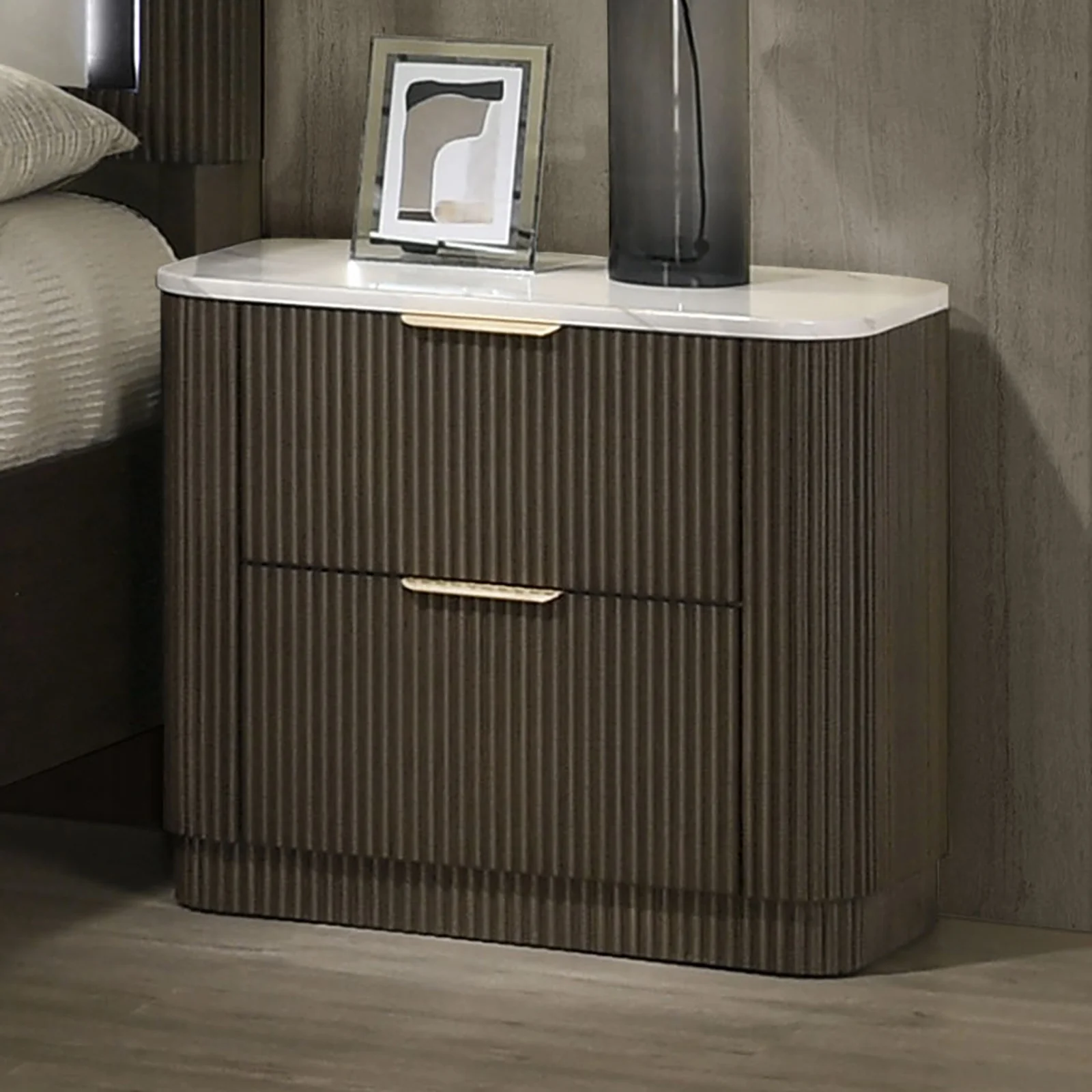 Contemporary Reeded Marble Top Two Drawer Nightstand with Plinth Base - Image 2
