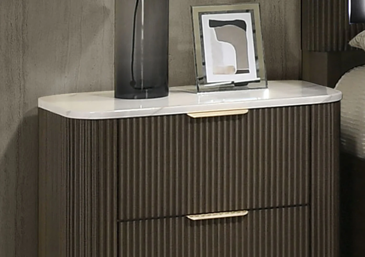 Contemporary Reeded Marble Top Two Drawer Nightstand with Plinth Base - Image 3