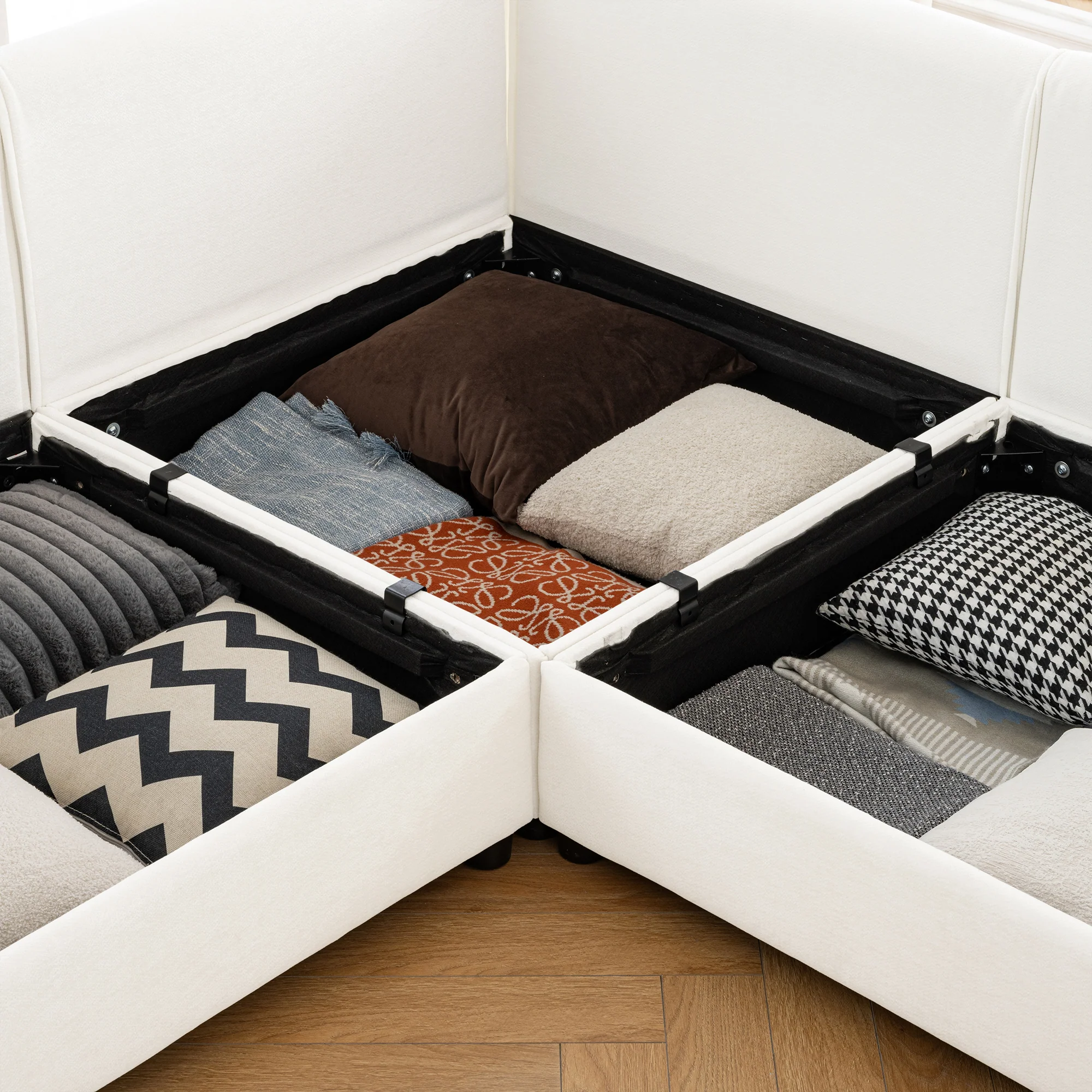 Walker Edison | Contemporary White Chenille L-Shaped Sofa with Storage and Ottoman - Image 14