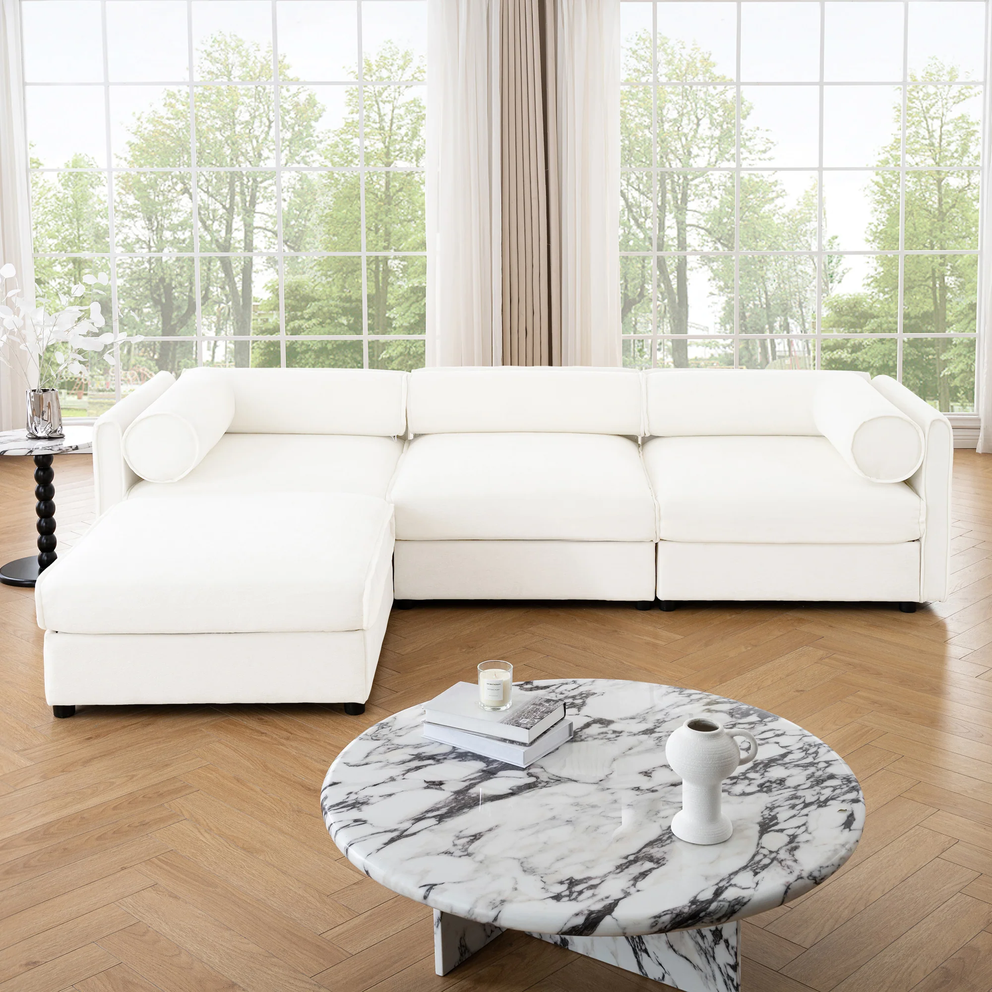 Walker Edison | Contemporary White Chenille L-Shaped Sofa with Storage and Ottoman - Image 2